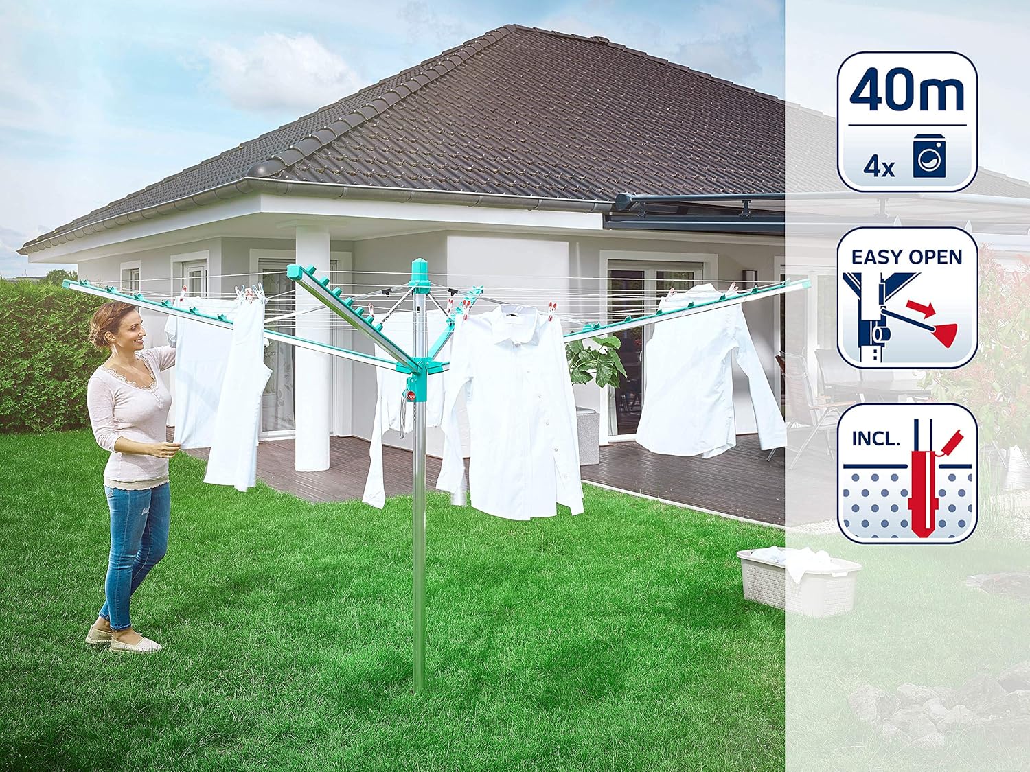 Leifheit Linomatic 400 Easy Dryer 40 m Rotary Washing Line, Retractable Rotary Line, Rust-Free Aluminium Outdoor Clothesline - Image 4