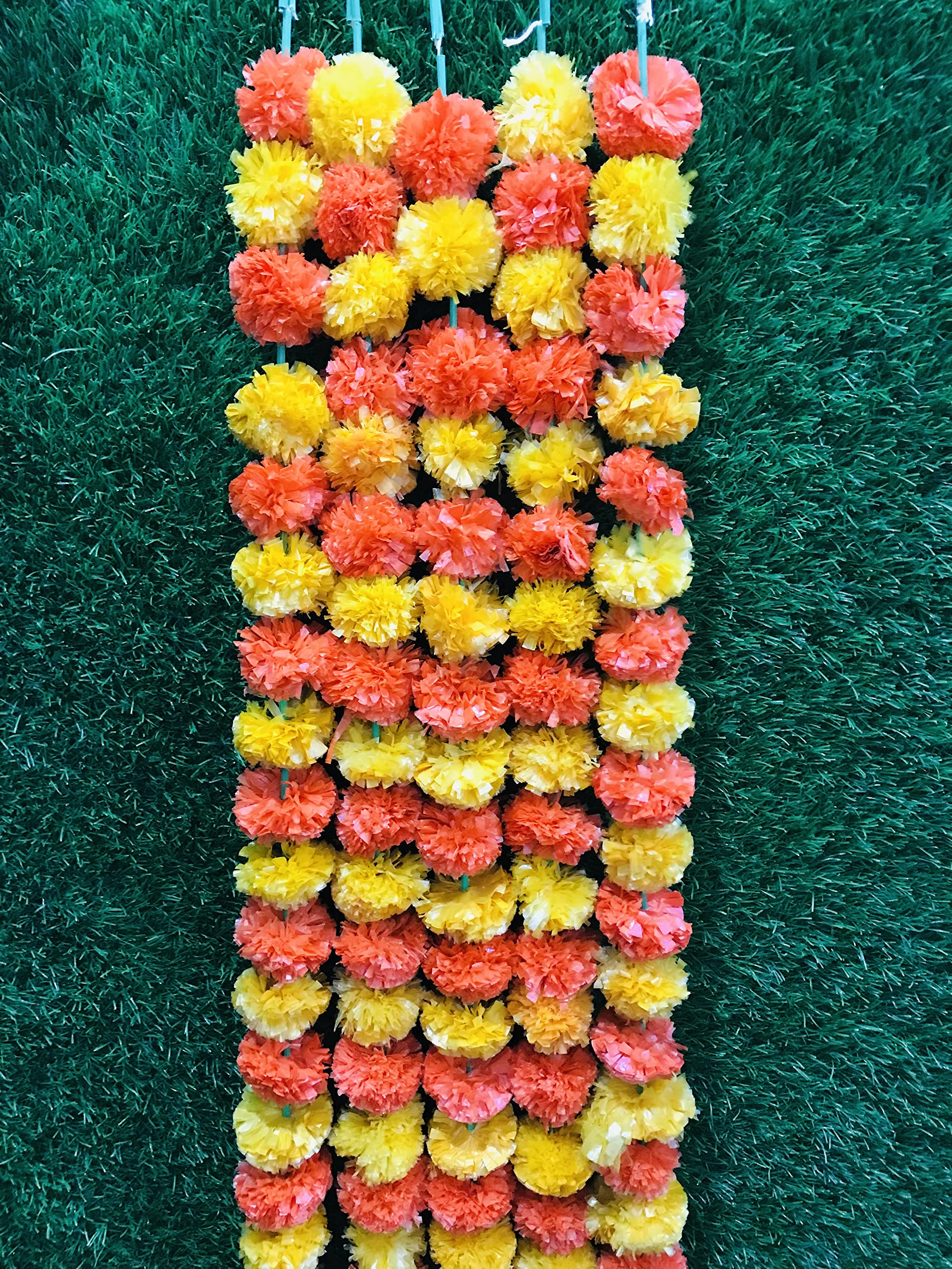 Gavya International Dark Orange & Orange Artificial Marigold Flowers 5 String Indian Decor Garlands Christmas Decor,Home Decor Genda phool mala 5 Feet Long,Parties,Multi (Pack of 5) (GABV85-1012)