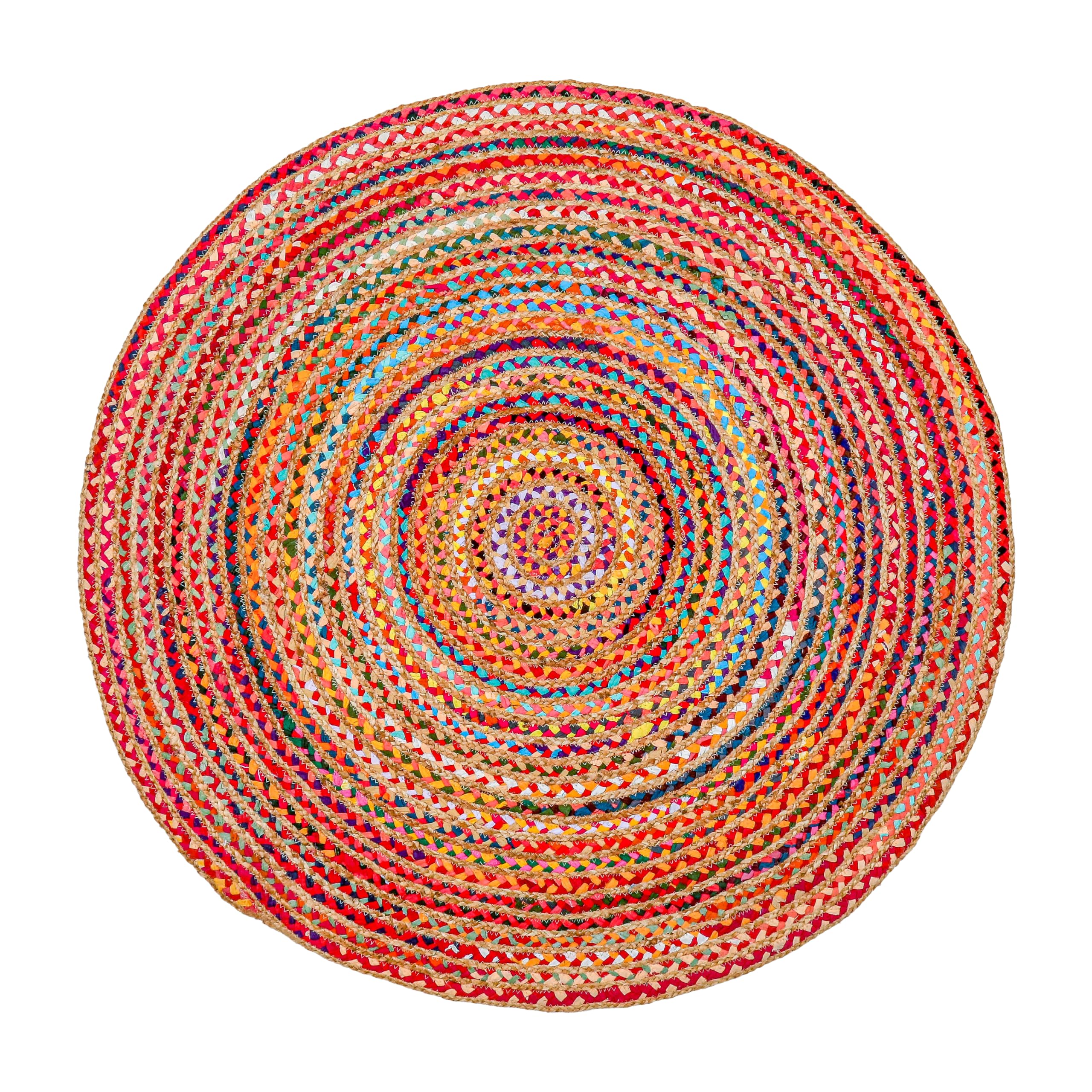 Photo 1 of Hausattire Bohemian Braided Rug 3' Round - Multi Color, Small Farmhouse Jute Cotton Area Rag Rugs for Kids Bedroom, Playroom | Colorful Circle Hand Woven Cute Accent Mat