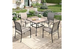 MIXPATIO 5 Pieces Patio Table and Chairs Set, 4 Person Outdoor Dining Furniture Set, 4 Brown Textilene Chairs and 37" Wood-Like Table Top Table with Umbrella Hole, for Deck Backyard Lawn