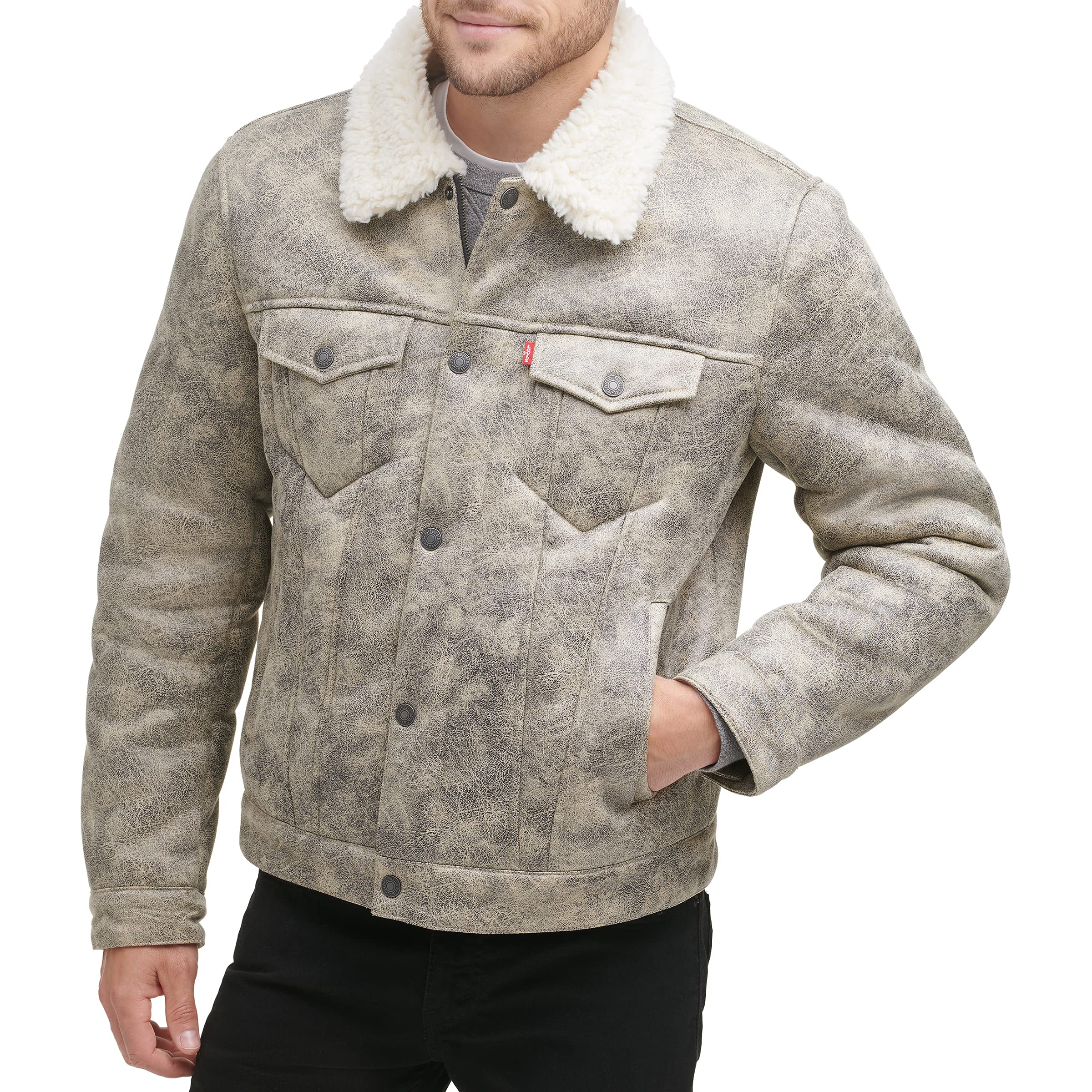 Levi's Men's Faux Leather Sherpa Lined Trucker Jacket, Grey Faux Shearling, XX-Large Image