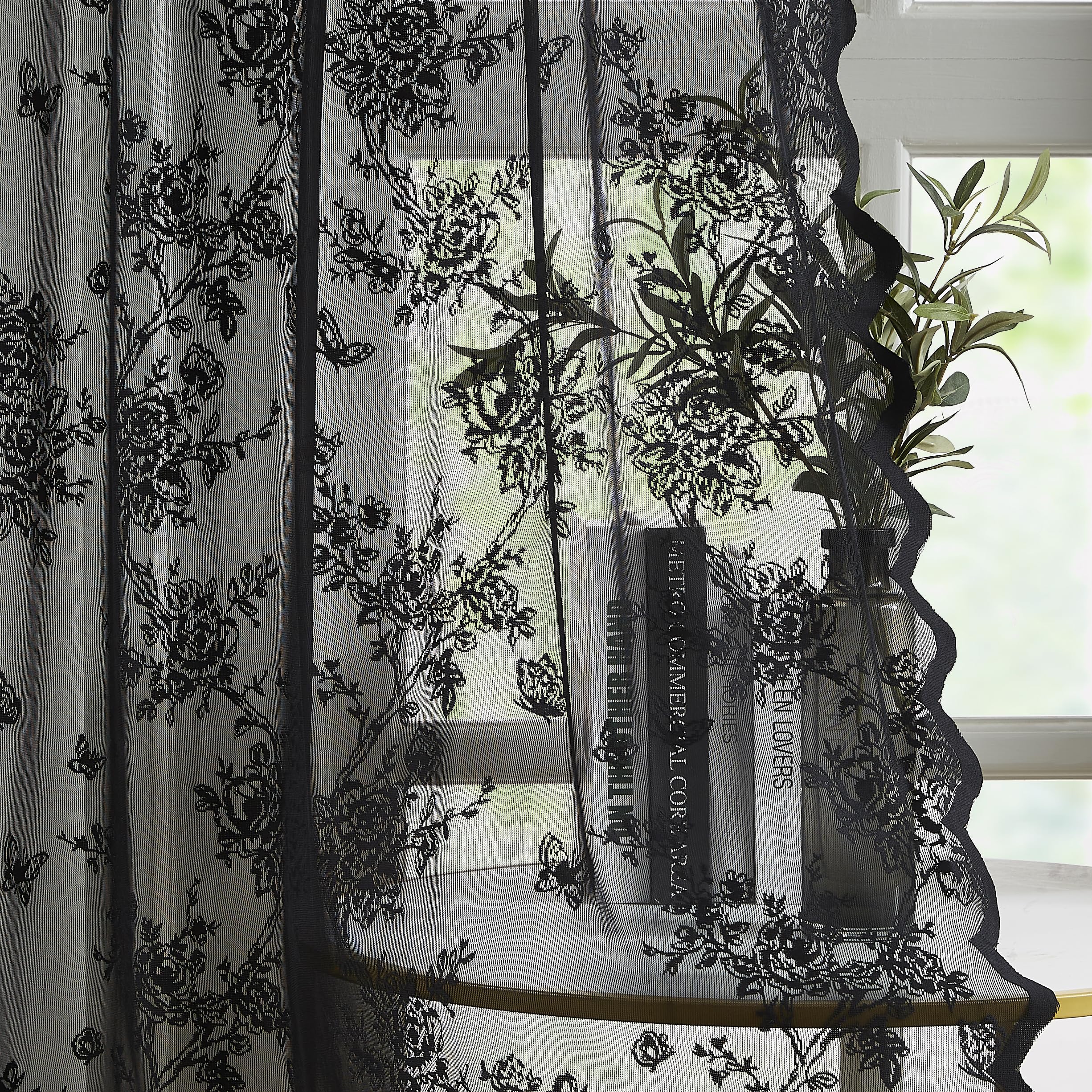 Bujasso Black Lace Curtains Vintage Floral Sheer Drapes 54 inch Rod Pocket Light Filtering Victorian Gothic Scalloped Window Treatment for Living Room Bedroom Halloween 54" Wx54 Lx2