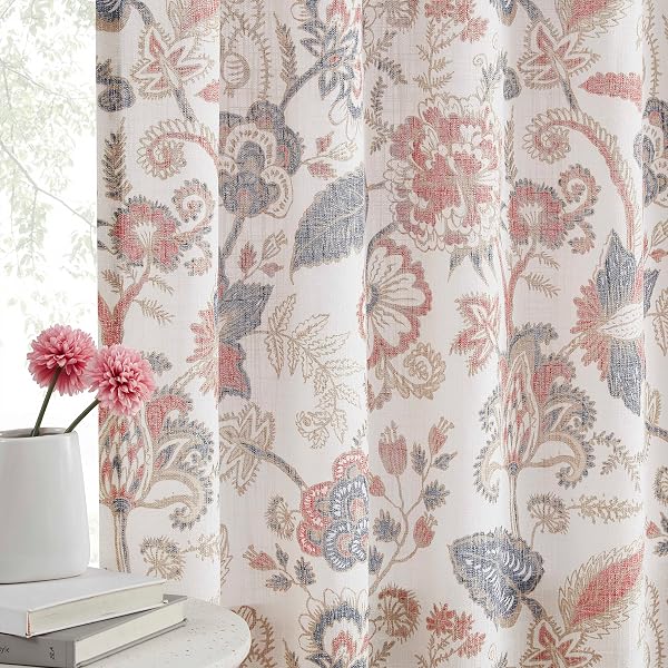 KAYNE STUDIO NAVY RED CURTAIN PANELS LINEN TEXTURED BOTANICAL LEAF PRINT FLORAL FARMHOUSE LINEN CURTAIN DRAPES LIGHT FILTERING WINDOW TREATMENTS LIVING ROOM BEDROOM ROD POCKET BACK TAB,52″X102″X2
