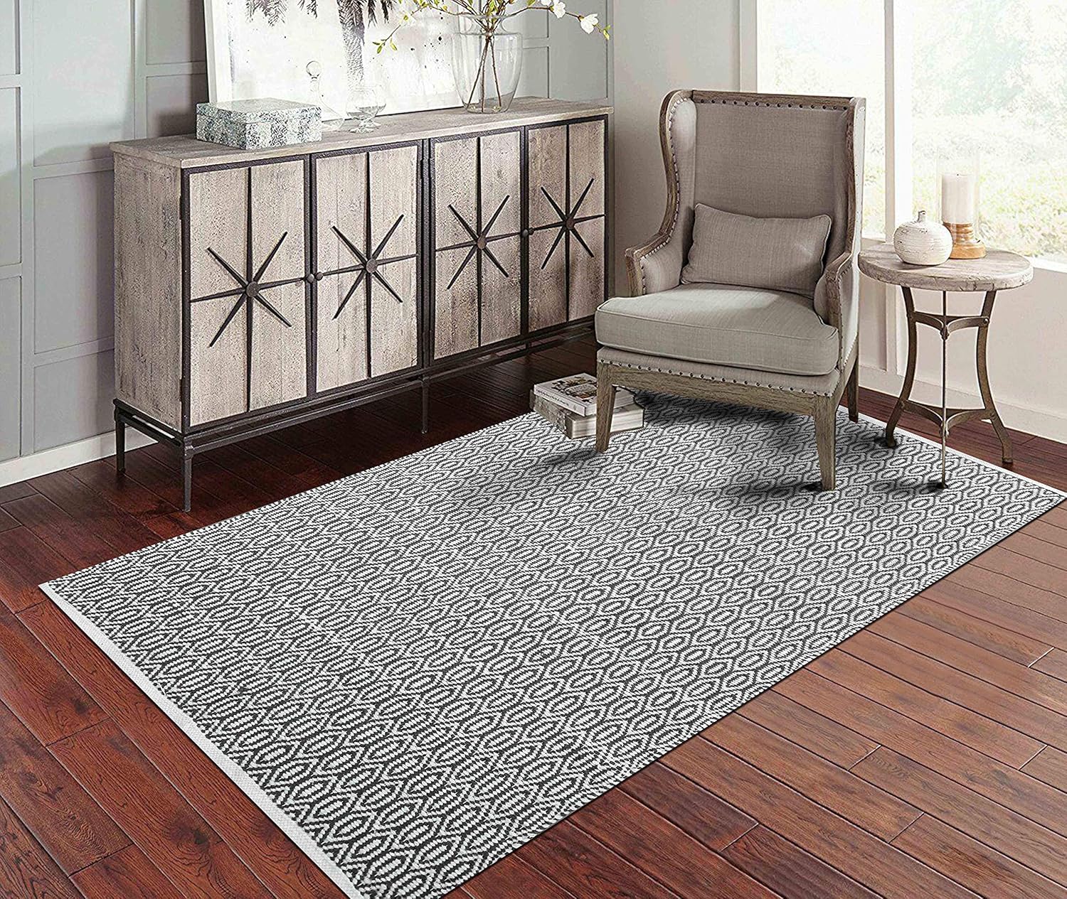 Fernish Décor 100% Contemporary Cotton Eye Drop Design Area Rug Fully Reversible, Size-5' X 7', Machine Washable, Unique for Bedroom, Living Room, Kitchen, Nursery- Grey & White