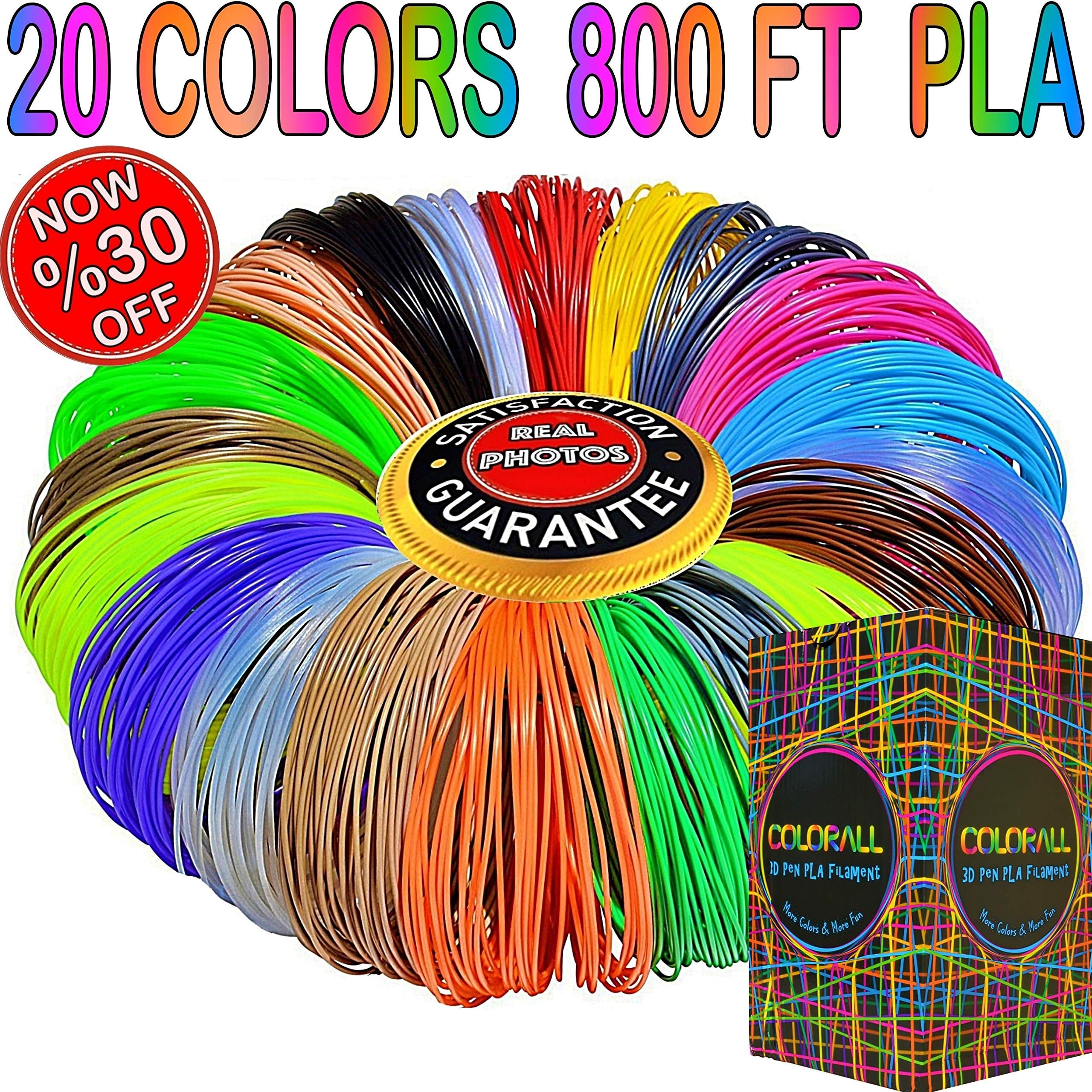 3D Pen Filament Refills 1.75mm PLA 20 Colors Total 800 Feet, 40 Feet Each-Mega Kit/Set with Individual Packs for 3D Drawing/Printing Pens and Printers