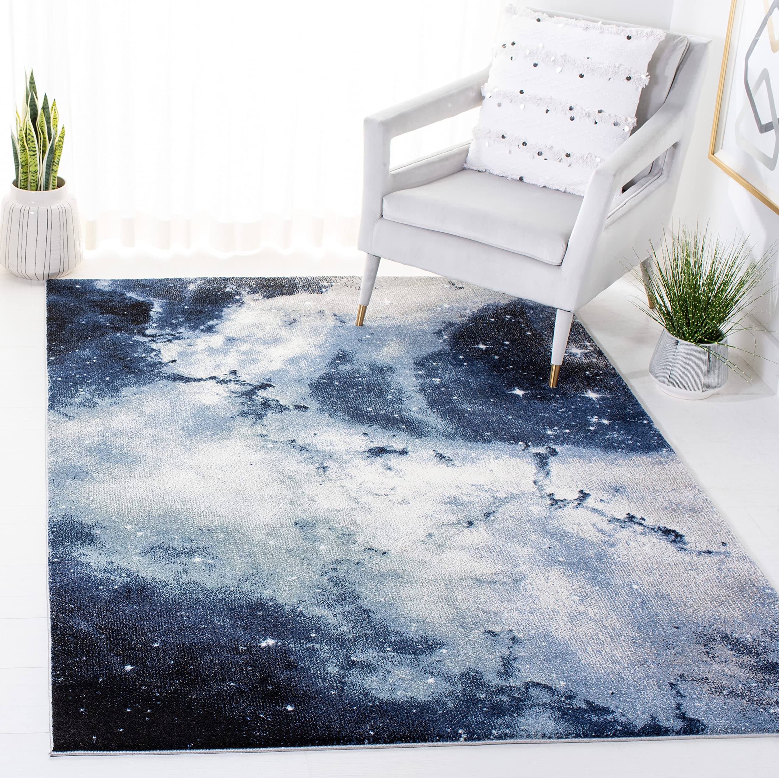 SAFAVIEH Galaxy Collection Area Rug - 6'7" Square, Blue & Ivory, Abstract Design, Non-Shedding & Easy Care, Ideal for High Traffic Areas in Living Room, Bedroom (GAL109M) Image