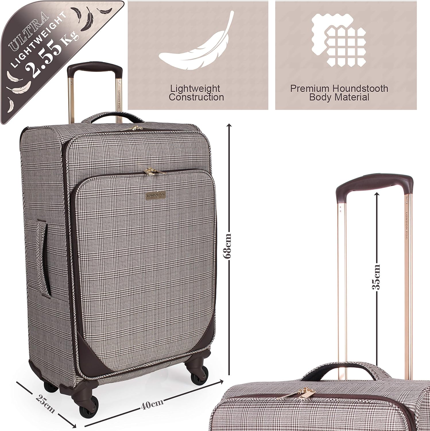 London Fog Eva Soft Sided Luggage with Stress Tested Durable Wheels, Brown Houndstooth, M - 26 Inch - Image 3