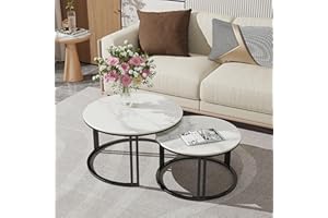 Wisfor Round Nesting Table Marble: Set of 2 Modern Low Coffee Tables Large 27.5" Small 22.4" Glossy White Sintered Stone Top 