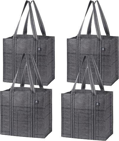 VenO 4 Pack Reusable Grocery Bags with Hard Bottom, Front Pocket,