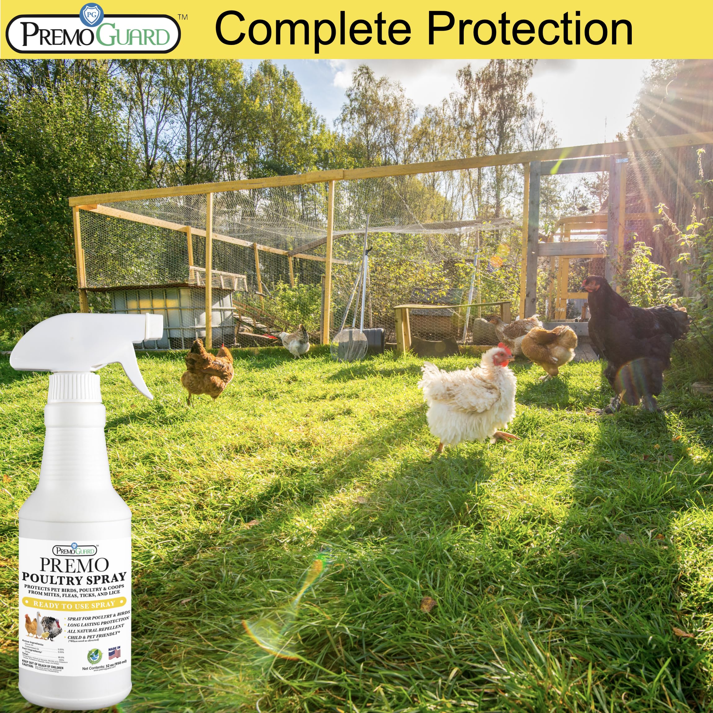 Premo Guard Poultry Spray - 32 oz - Kill Scaly Leg, Mites, Fleas, Lice, & Other Pest on Chickens and in Coops - Natural Plant Based Oils for Control, & Prevention - Family Safe with No Egg Withdrawl