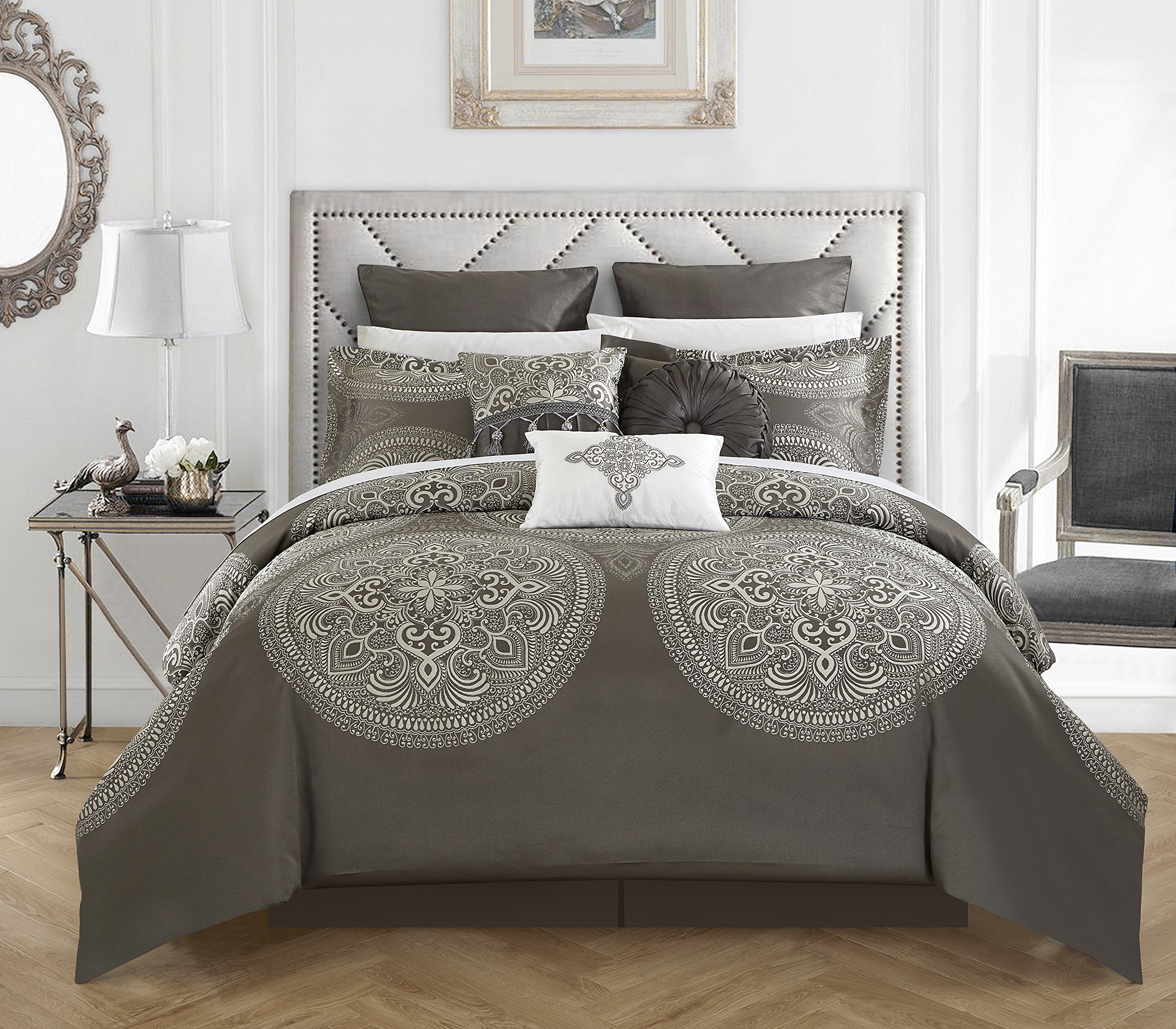 Chic Home 9 Piece Orchard Place Faux Silk Luxury Large Medalion Jacquard with Embroidery Details and
