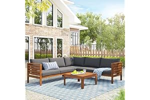 AOCHUANG Eucalyptus Wood 4 Piece Sectional Sofa Set Coffee Table Removable Cushion,Patio Seating Group L Shape Corner Garden Backyard Poolside (Natural Wood+Gray), 58.7inch x 27.6inch 25.1inch(L W H)