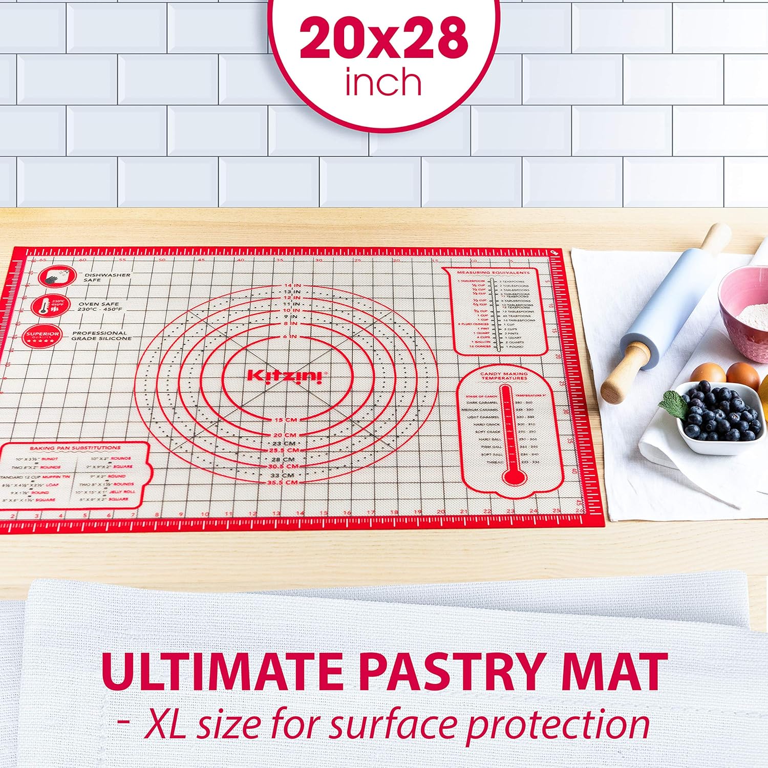 Pastry Mat Silicone Non Slip – Extra Large Thick Non Stick Silicone Baking Fondant Mat - Rolling Dough, Pie Crust, Pizza and Cookies – Easy Clean Kneading Mat With Measurements – 20 x 28 Inch: Kitchen & Dining