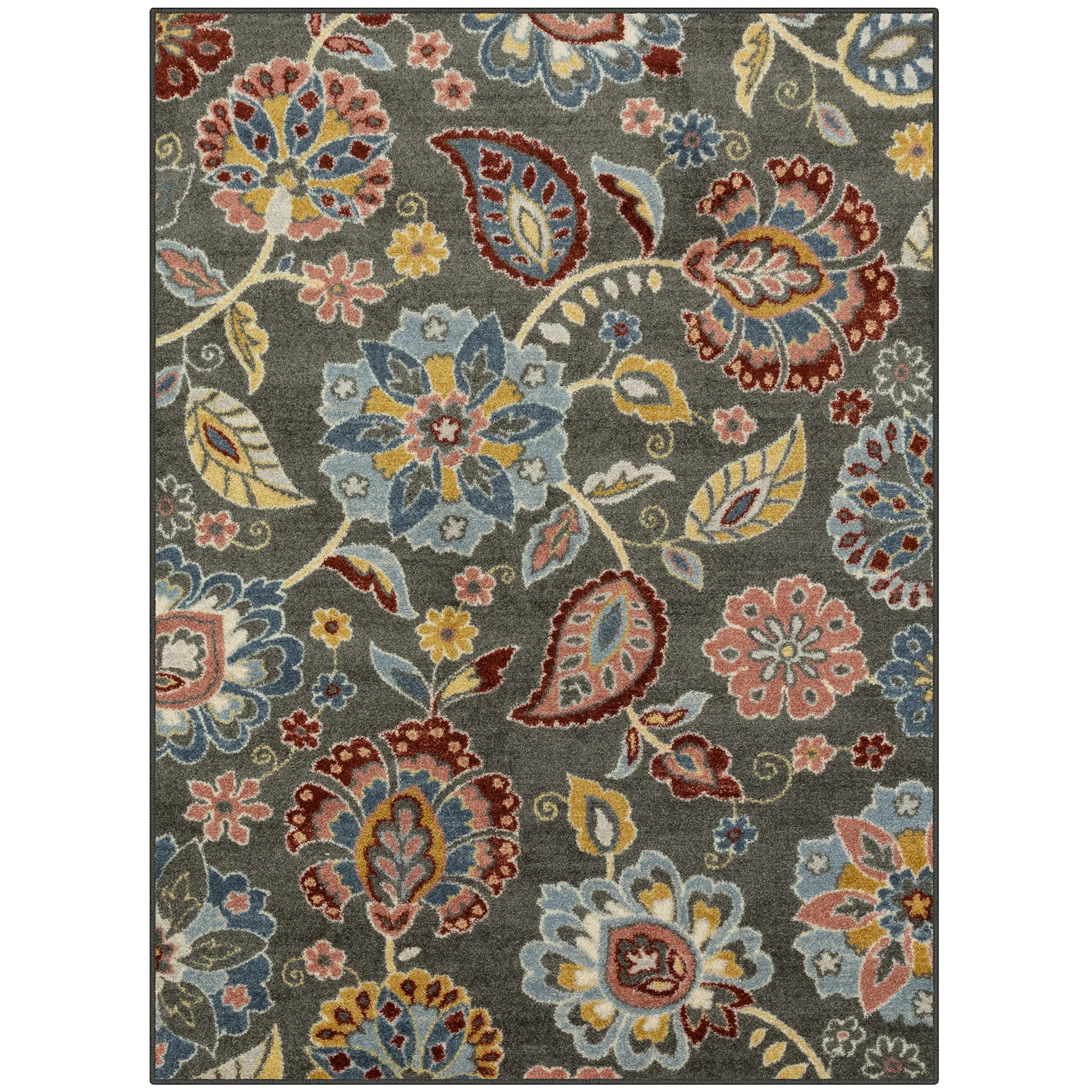 Maples Rugs Gardena Floral Area Rugs – Made in USA – Low Pile, Non Slip Pet–Friendly Mat for Bedroom, Office, Living & Dining Room, 5′ x 7′, Gray