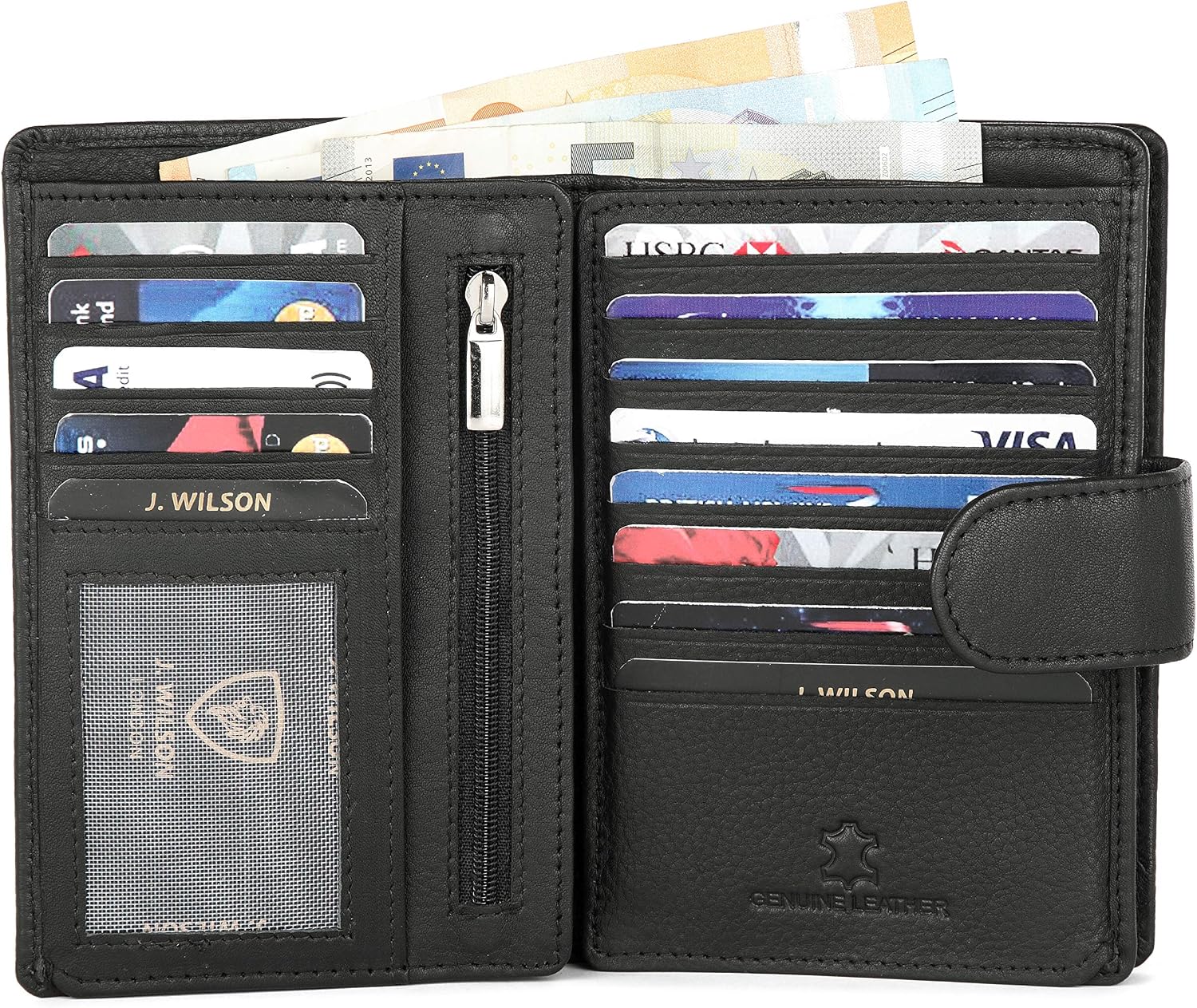 J. Wilson London Ladies RFID Safe Designer Leather Purse Card Women Wallet Zip Pocket Boxed, Black - Image 4