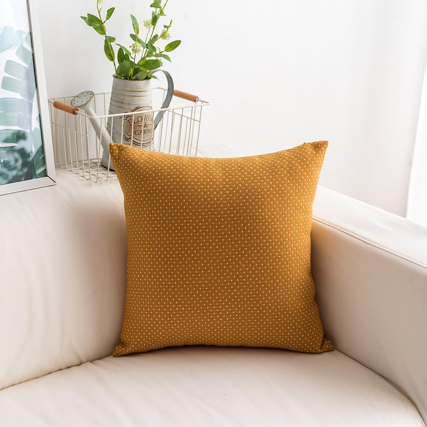 Home Brilliant Mustard Cushion Covers 45 x 45 Set of 2 Dots and Checkers Yellow Cushions Linen Pillow Covers for Sofa Bed Couch Easter Spring Decor 18in (45 x 45cm) - Image 4