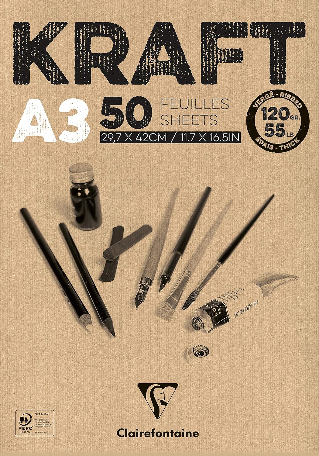 Clairefontaine, Ref 975816C, Kraft Paper Pad (50 Sheets), A3 (420 x 297mm) Size, 120gsm Paper, Acid Free, pH Neutral