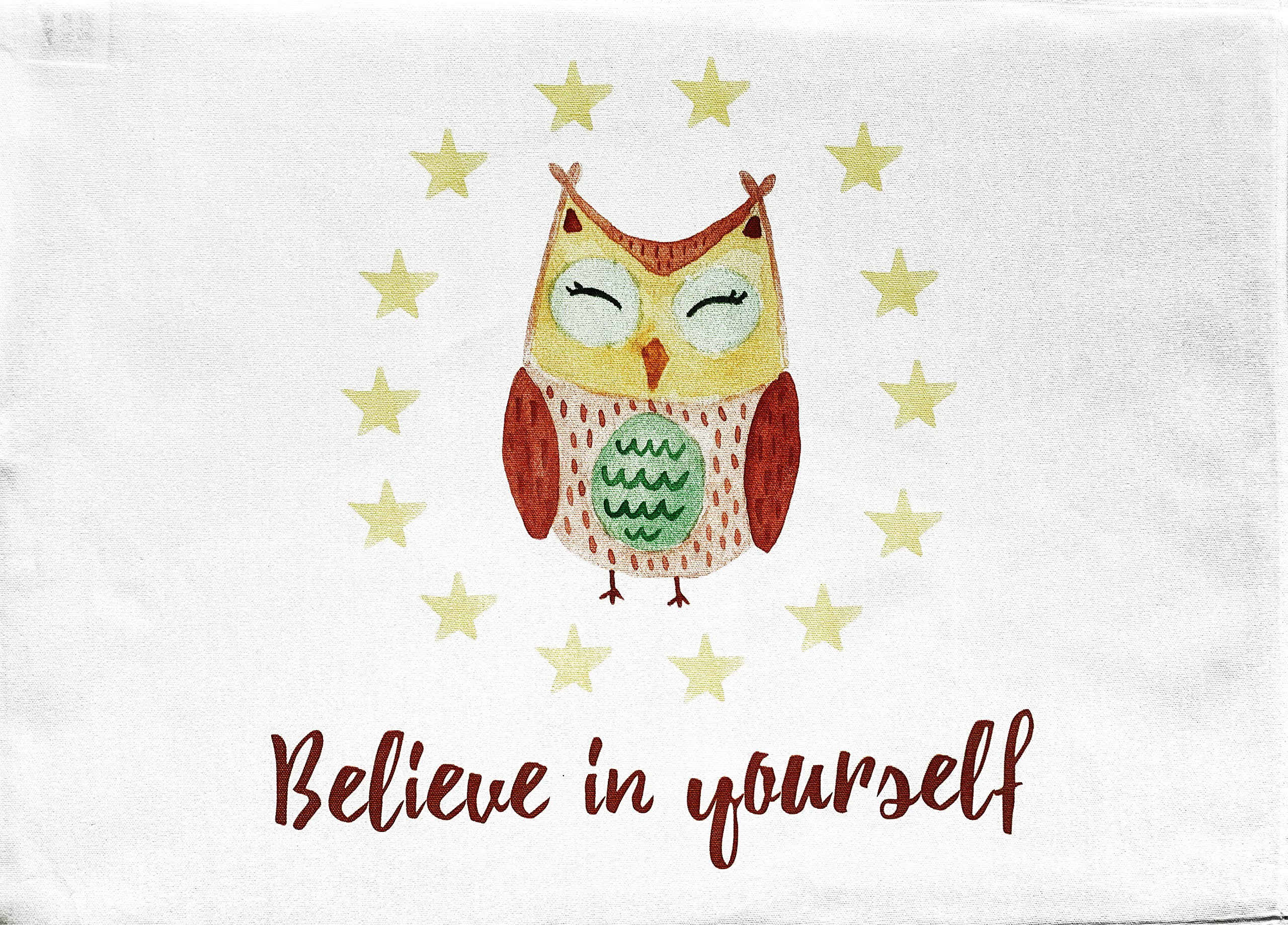 Half a Donkey Wise Owl says Believe in Yourself - Large Cotton Tea Towel