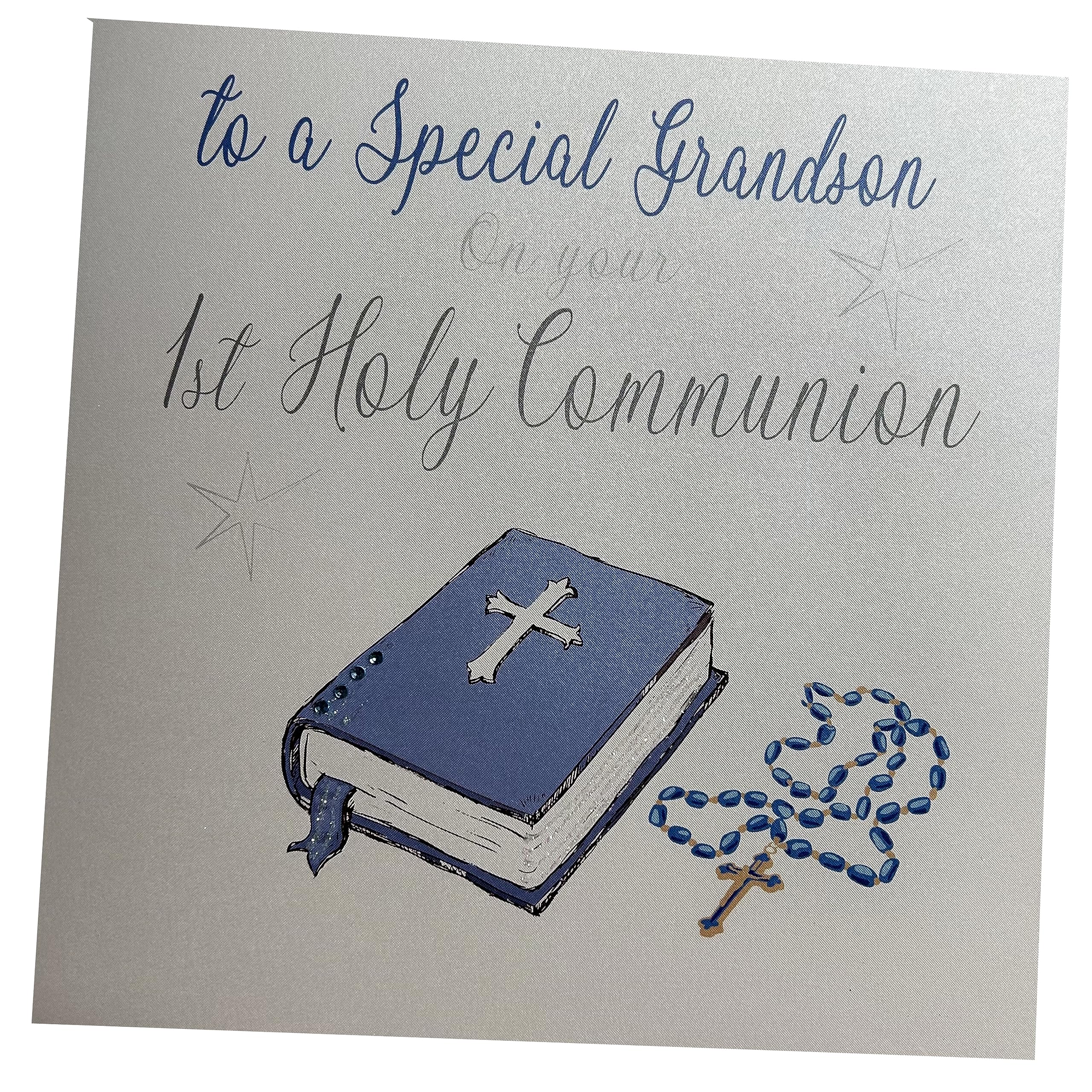 white cotton cards Large Handmade To A Special Grandson On Your 1st Holy Communion Blue Bible Card, White, XN89GS