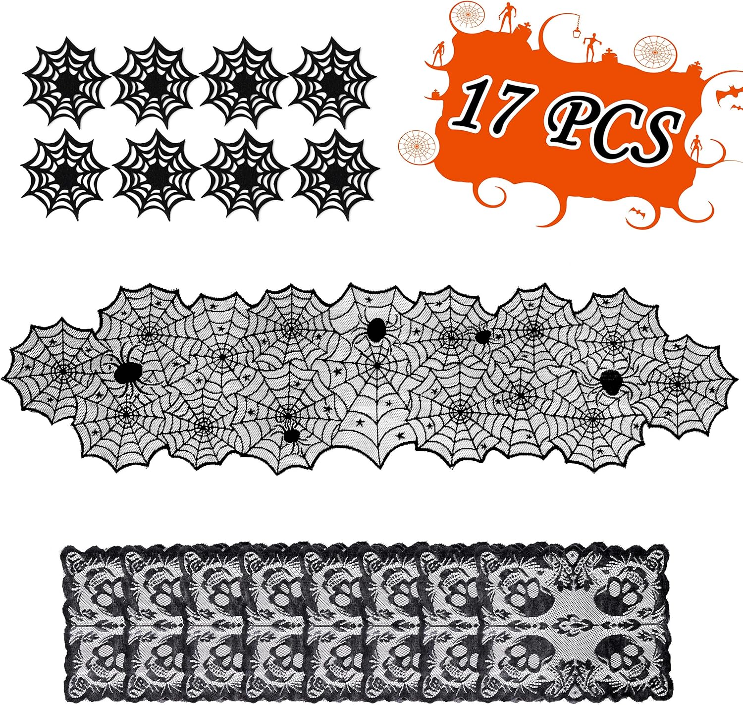 Halloween Table Decorations Set - Spider Web Table Runner/Skull Placemats/Spiderweb Cup Coasters- Desk Hallowmas Decor Party Supplies: Kitchen & Dining