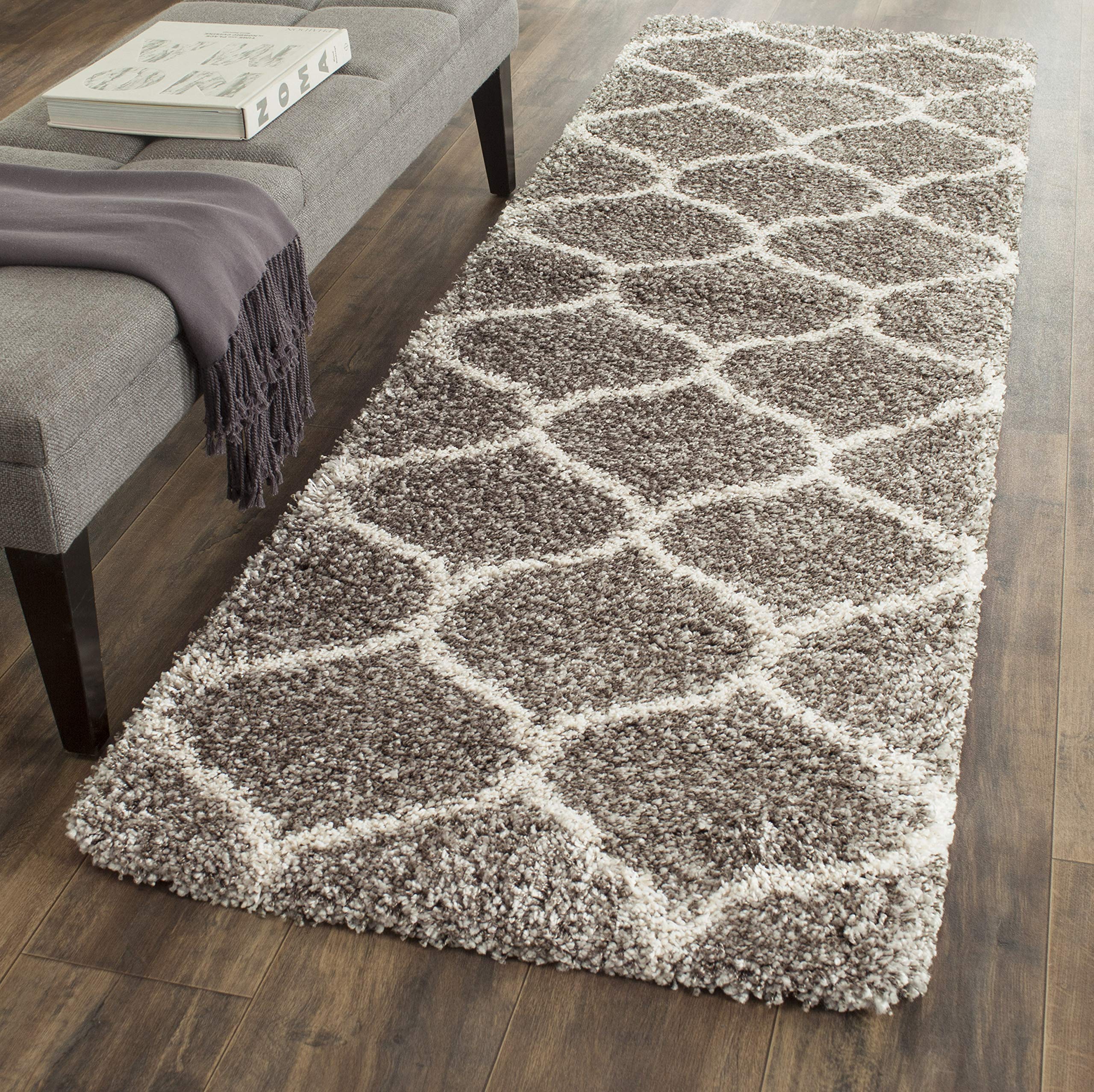 SAFAVIEH Hudson Shag Collection Runner Rug - 2'3" x 18', Grey & Ivory, Moroccan Trellis Design, Non-Shedding & Easy Care, 2-inch Thick Ideal for High Traffic Areas in Living Room, Bedroom (SGH280B) Image