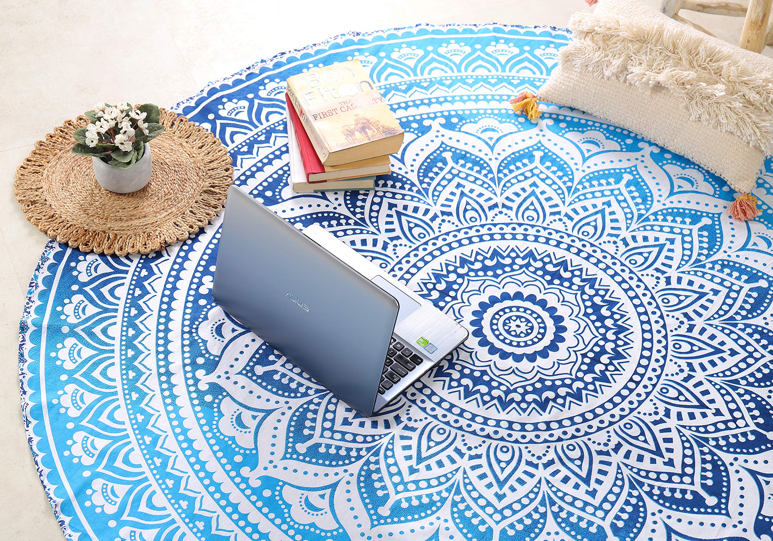 Popular Handicrafts Round Tapestry Wall Hanging Ombre Hippie Mandala Bohemian Hippy Intricate Indian Tapestries Tablecloth 70 Inches,(178cm) Blue