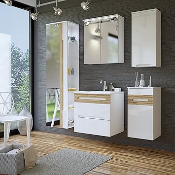 Galaxy Badmöbel-Set/Badmöbelanlage/Komplettbad 6-teilig in Weiß Hochglanz/Blenden Holzdekor, Waschtisch 60 cm, LED-Beleuchtun