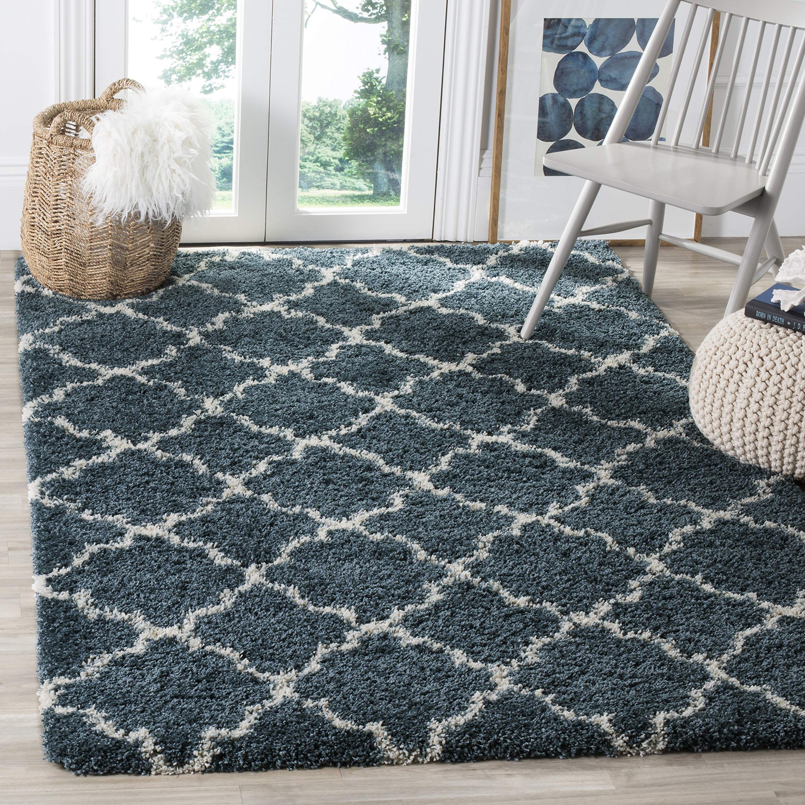 SAFAVIEH Hudson Shag Collection Area Rug - 9' Square, Slate Blue & Ivory, Moroccan Trellis Design, Non-Shedding & Easy Care, 2-inch Thick Ideal for High Traffic Areas in Living Room, Bedroom (SGH282L) Image