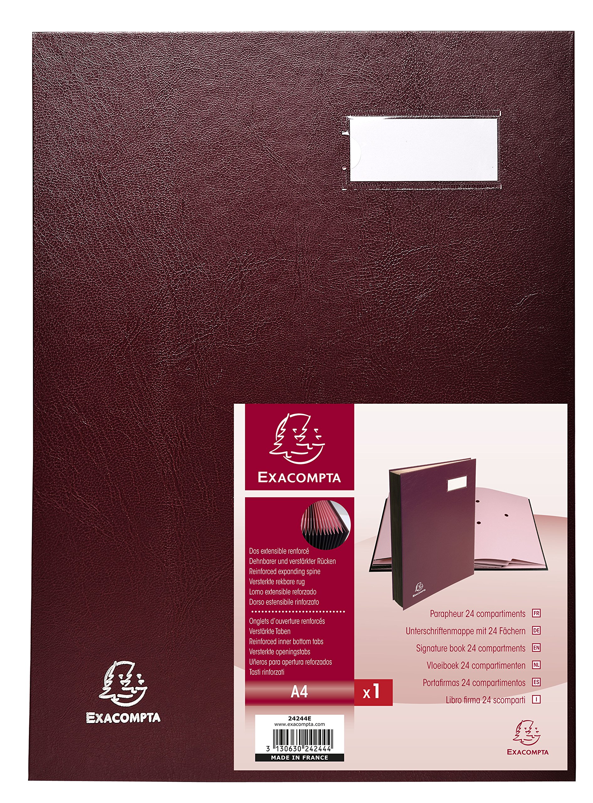 Exacompta - Ref 24244E - Direction Signature Book - 240 x 320mm in Size, Suitable for Storing A4 Documents, Plastic Cover &,300gsm Interior, 24 Compartments - Burgundy