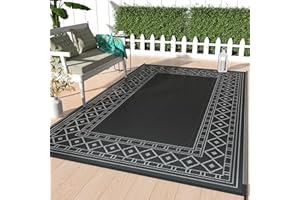 GENIMO Outdoor Rug Waterproof 6' x 9' for Patio, Foldable Reversible Plastic Straw Carpet for Travel Trailers, Outside Area Mat for Rv, Deck, Picnic, Porch, Camper, Balcony, Beach, Black & Grey