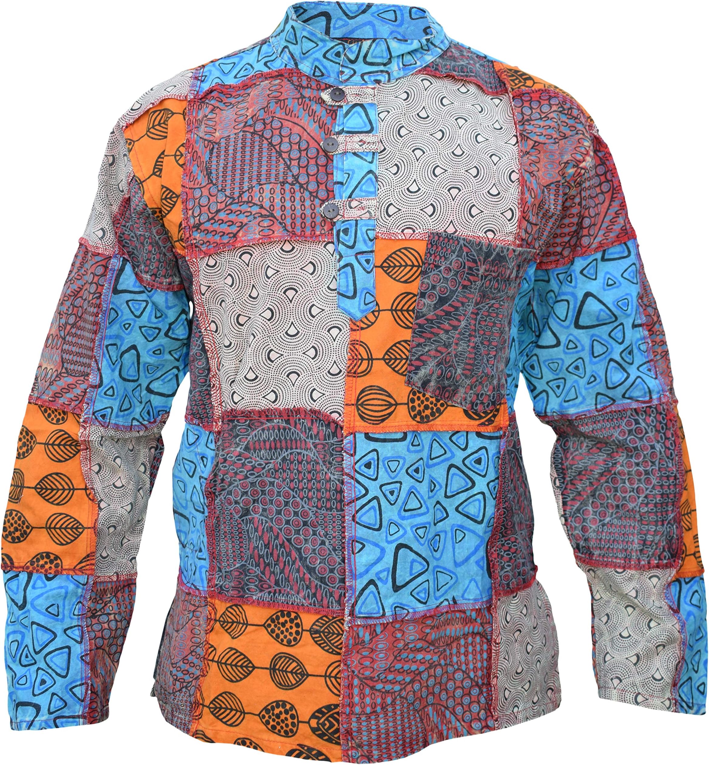 Men's Thick Paisley Patch Cotton Grandad Collarless Full Sleeve Shirts