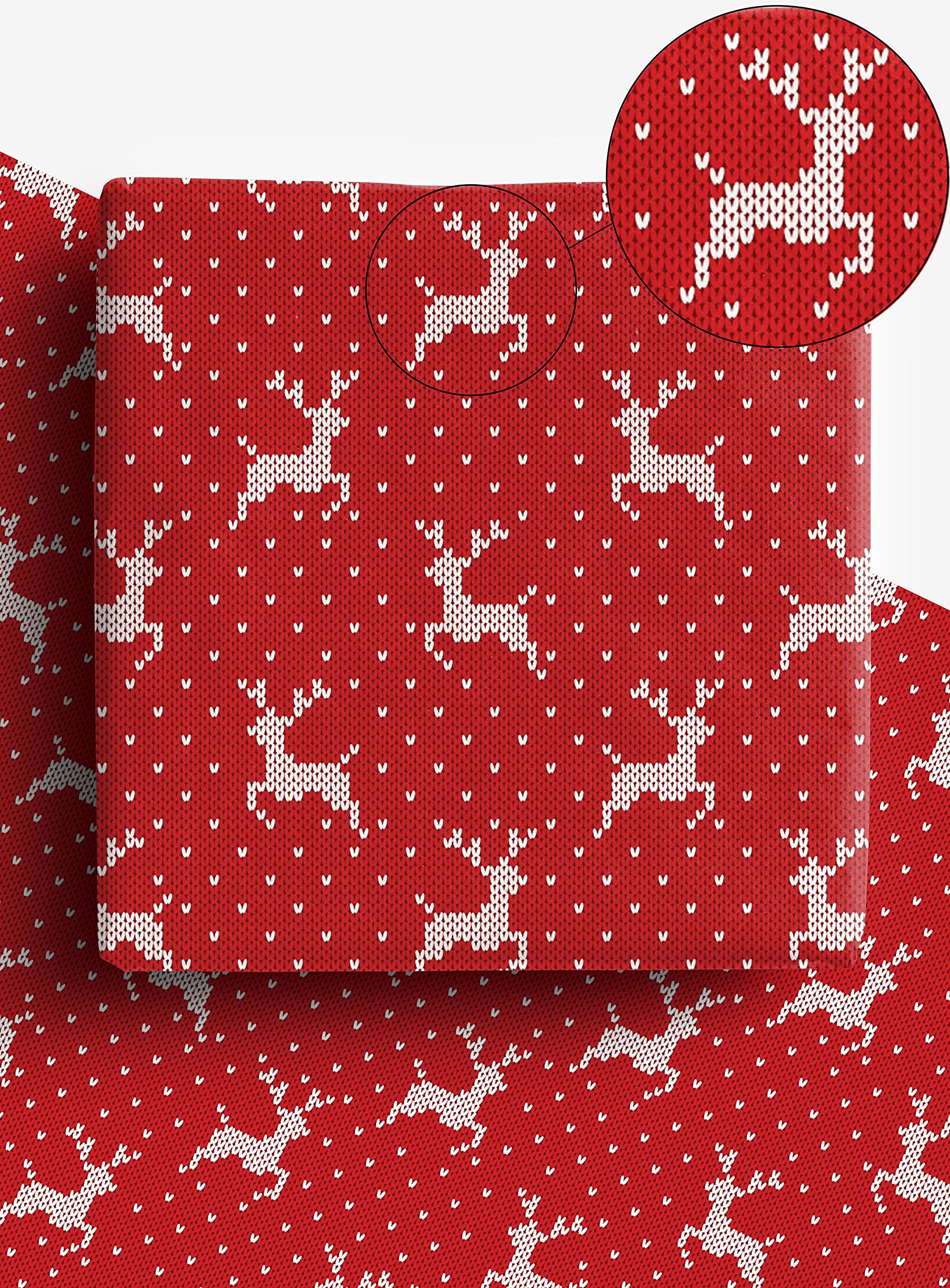 4 x Red Christmas Wrapping Paper Reindeer Knitting - Premium Recyclable Eco Friendly Xmas Gift Wrap Sheets 70cm x 50cm Made from 100% Recycled Paper