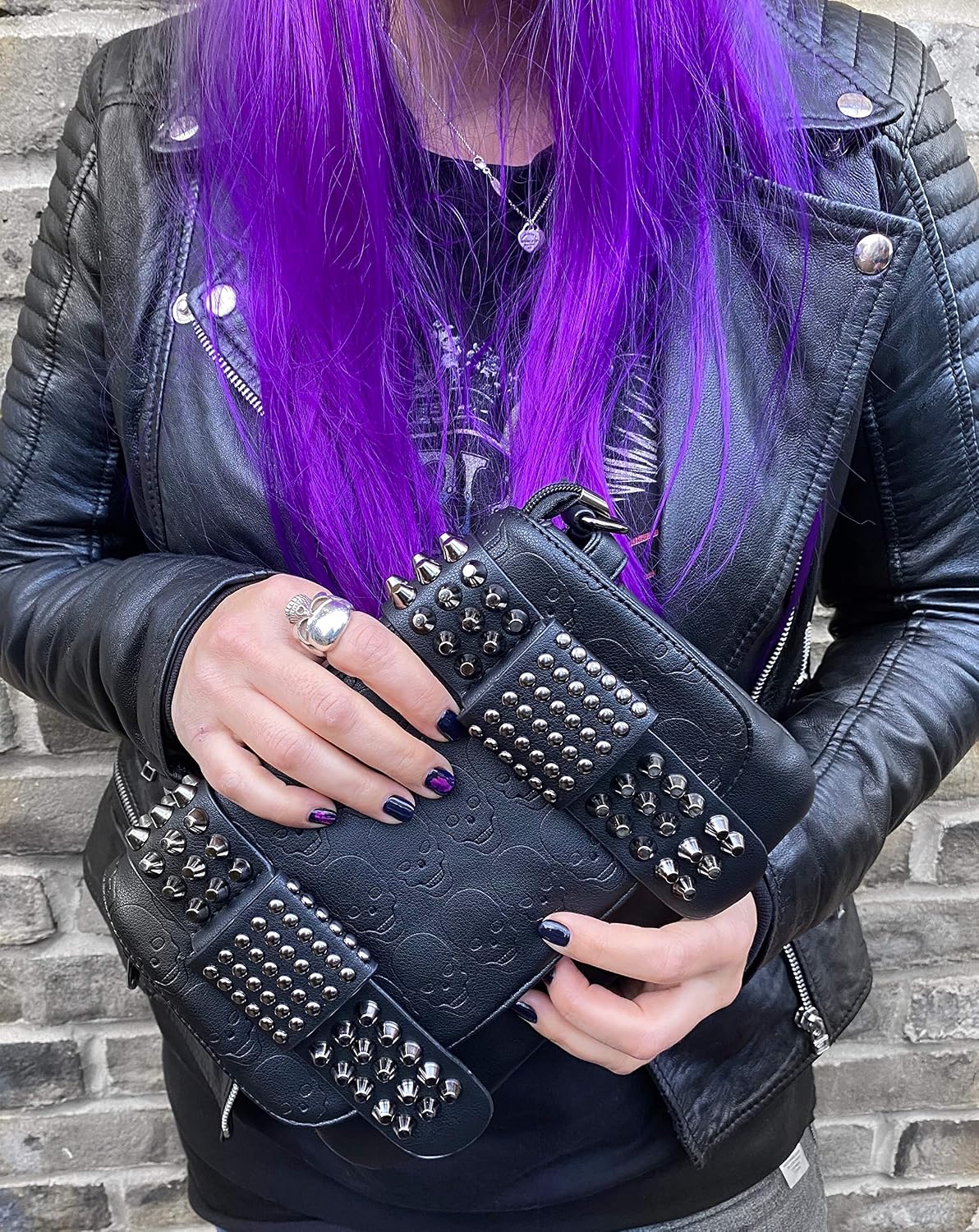 Ro Rox Women's Studded Skull Crossbody Shoulder Bag Punk Gothic Studs PU Handbag - Danica, Black - Image 3