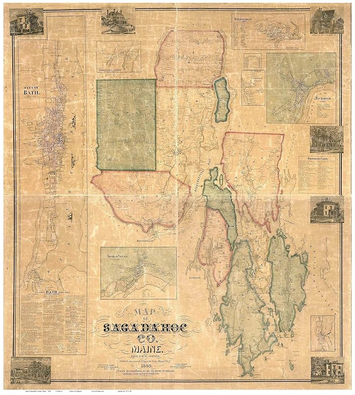 Sagadahoc County Maine 1858 Wall Map with Homeowner Names Old Map Reprint Handmade