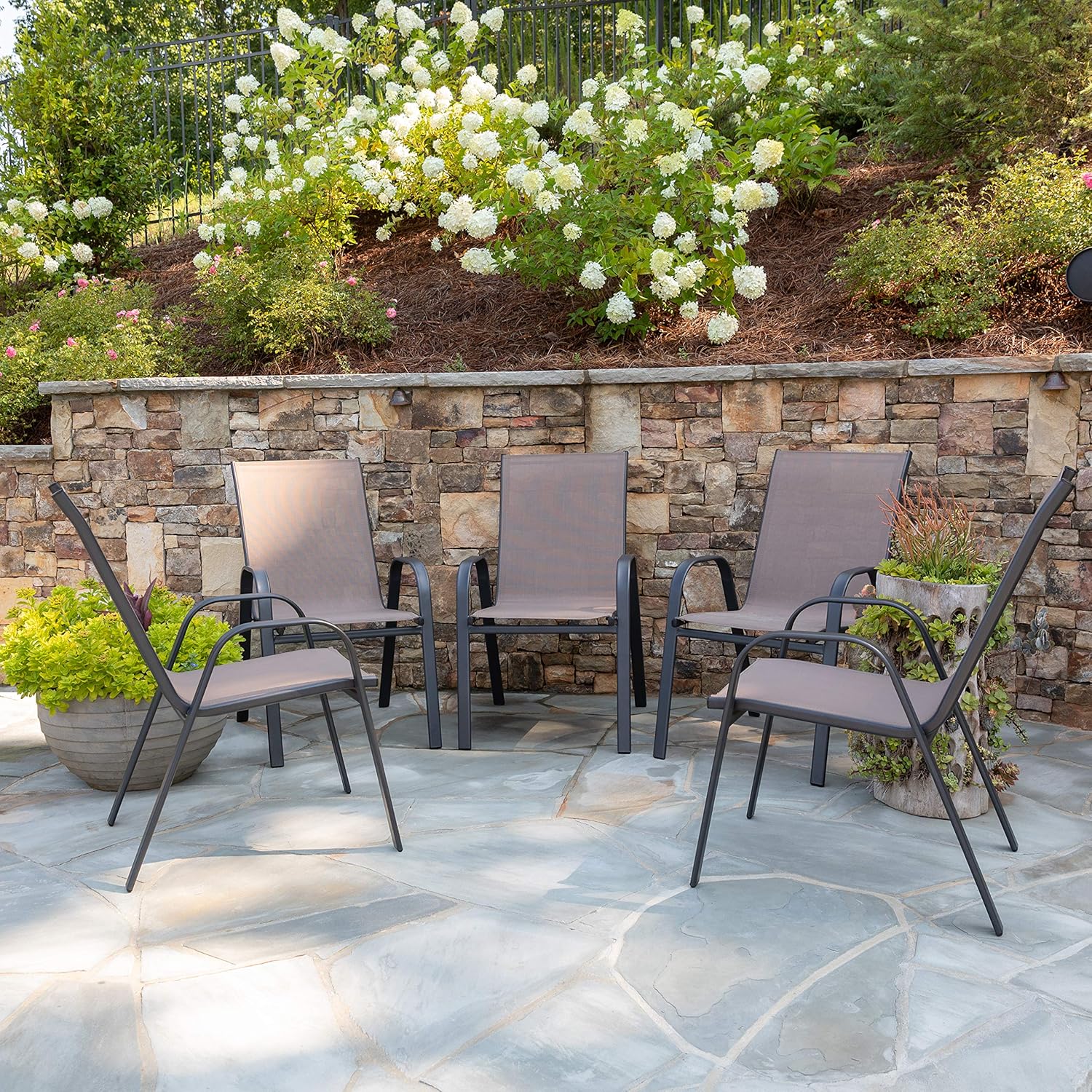 Flash Furniture 5 Pack Brazos Series Brown Outdoor Stack Chair with Flex Comfort Material and Metal Frame : Garden & Outdoor