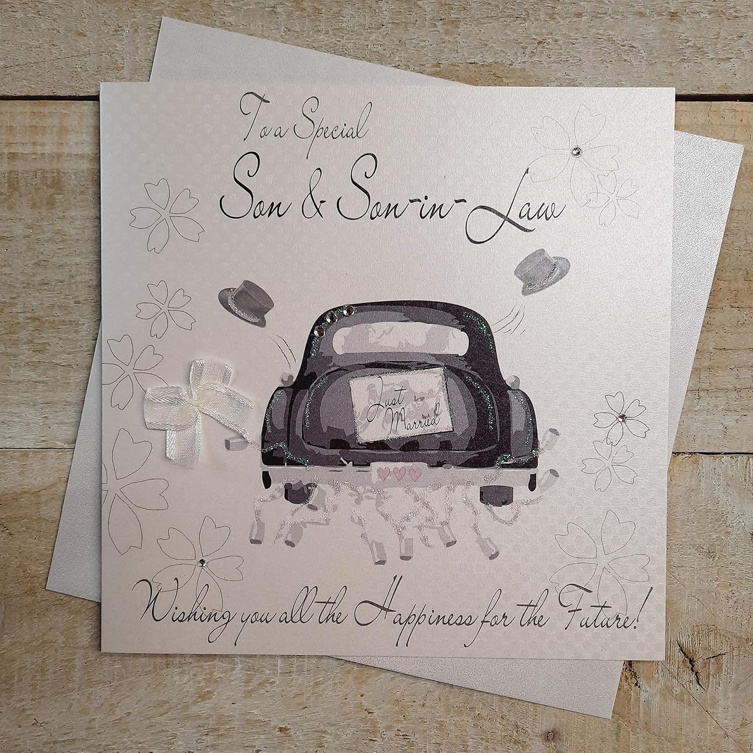white cotton cards Son and Son-in-Law Handmade Wedding Card with Civil Partnership Car, 16cm x 16cm