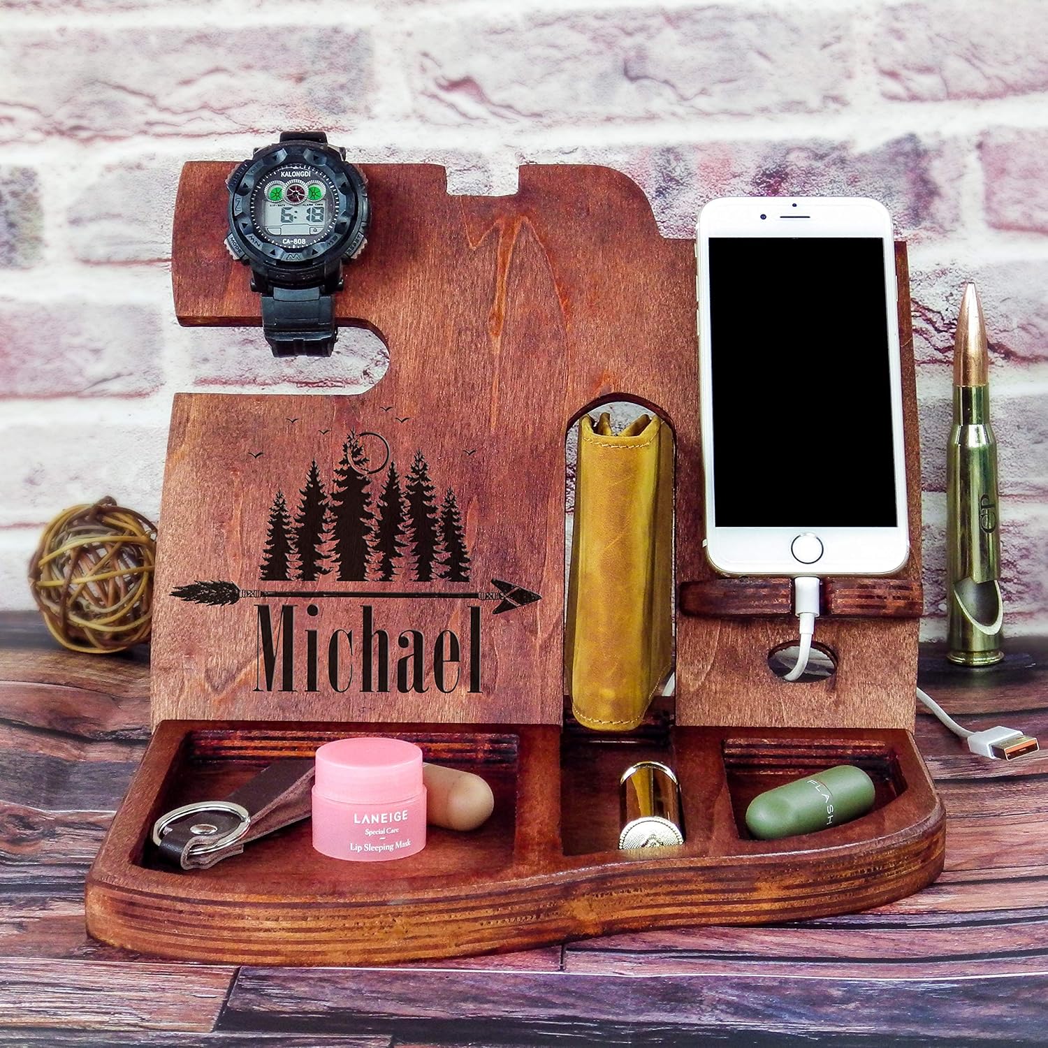 Amazon Com Wood Organizer Docking Station Nightstand Organizer Glasses Holder Charging Dock Wooden Phone Stand Husband Gift Birthday Gift Gift For Him Gift For Men Custom Gift For Men Fathers Day Gift Handmade