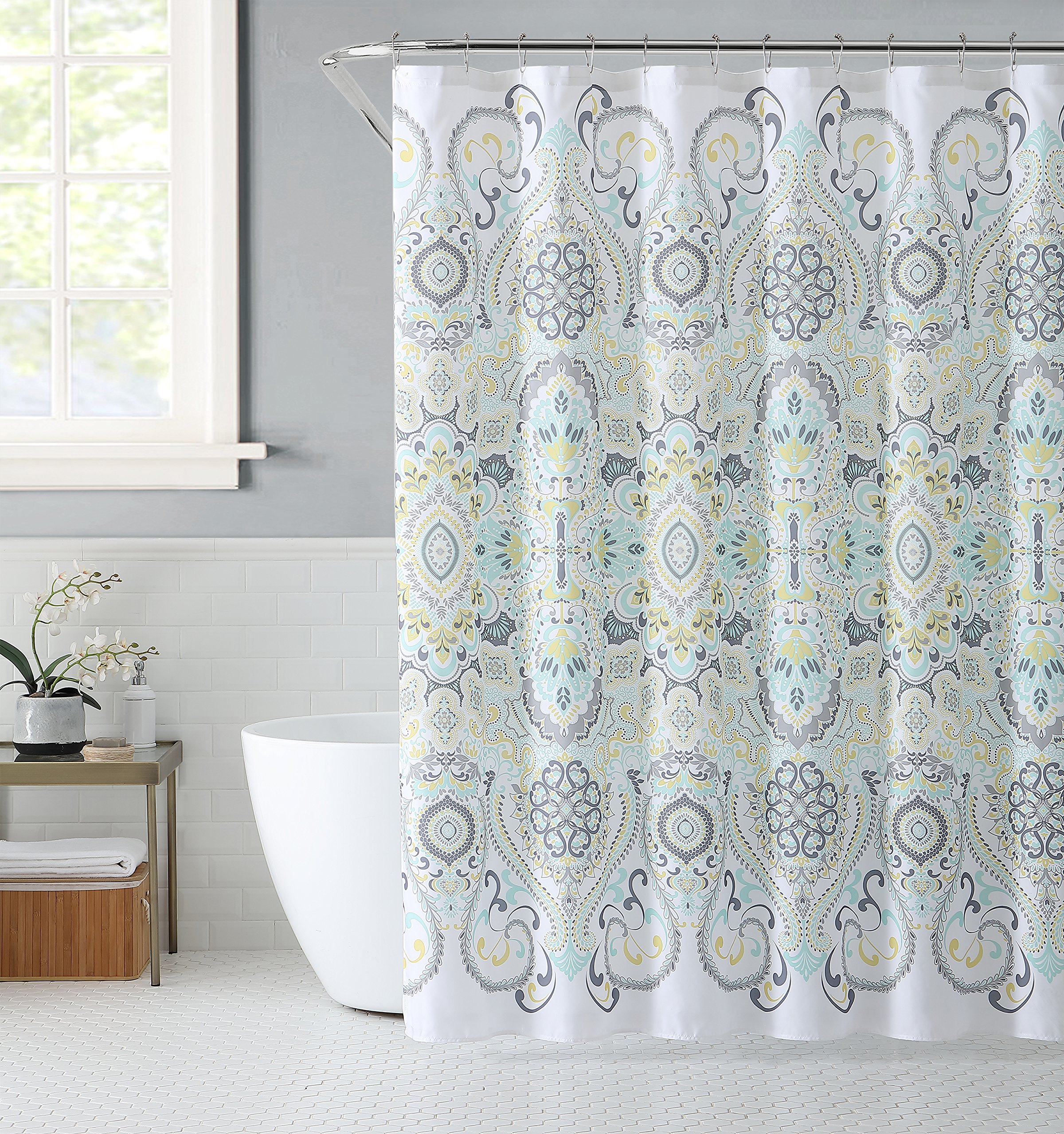 VCNY Home Fabric Shower Curtain Gray Mint Green Yellow Floral Paisley