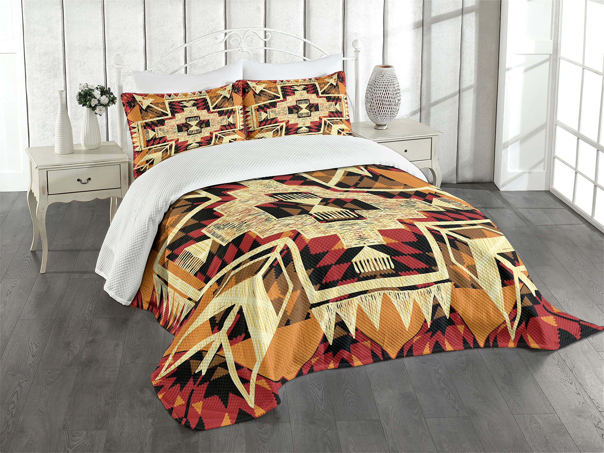 ABAKUHAUS Arrow Bedspread Set, Native American Inspired Retro Aztec Pattern Mod Graphic Design Boho Artwork, Decorative Quilted 2 Piece Coverlet Set with Pillow Sham, Red Orange Yellow
