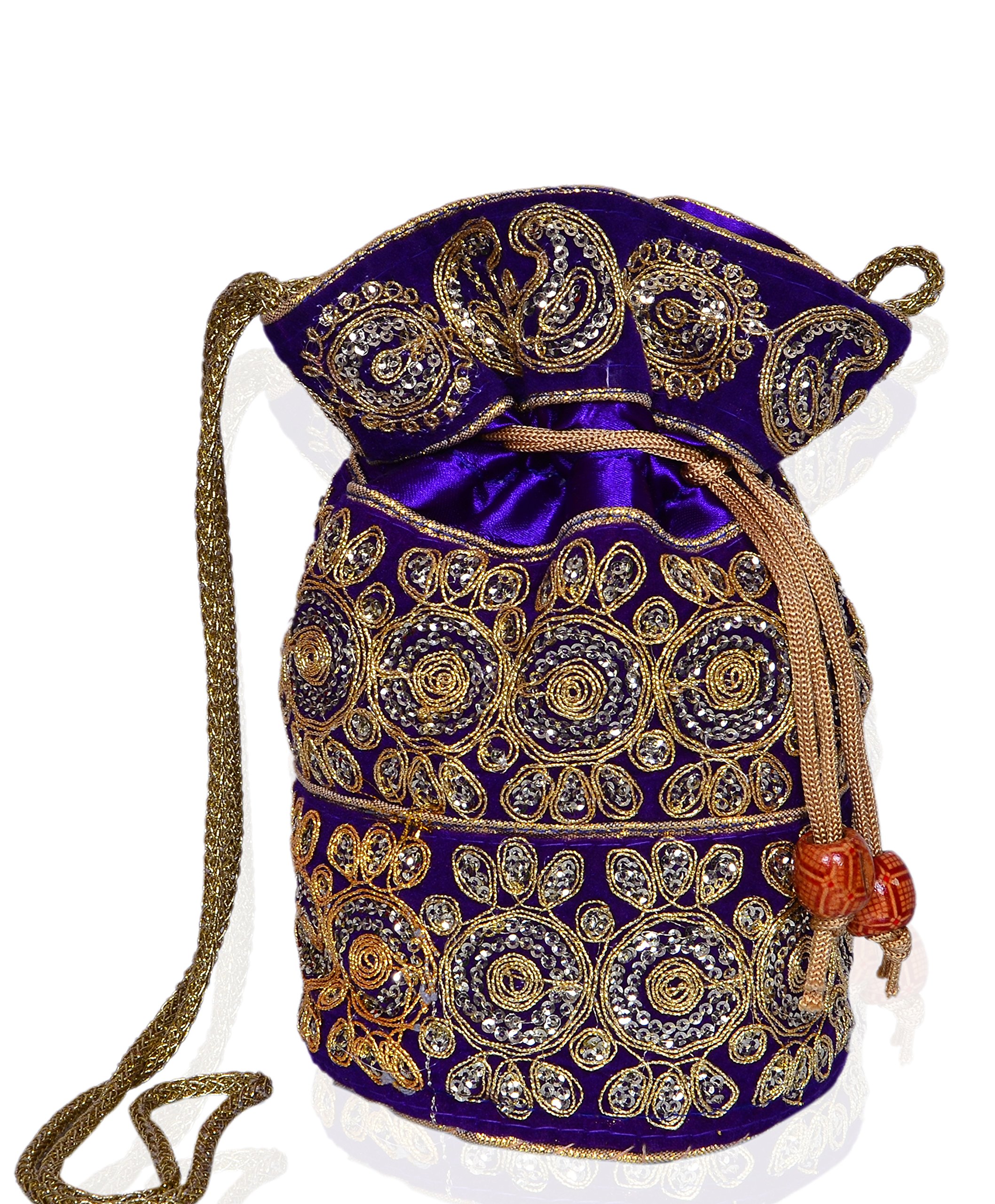 Purpledip Potli Bag (Clutch, Drawstring Purse) For Women With Intricate Gold Thread & Sequin Embroidery Work, Purple Color (10532)