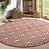 SAFAVIEH Washable Rug Outdoor Linden Collection - 6'7" Round, Red & Cream, Non-Shedding & Easy to Clean, Ideal for Patio, Bac
