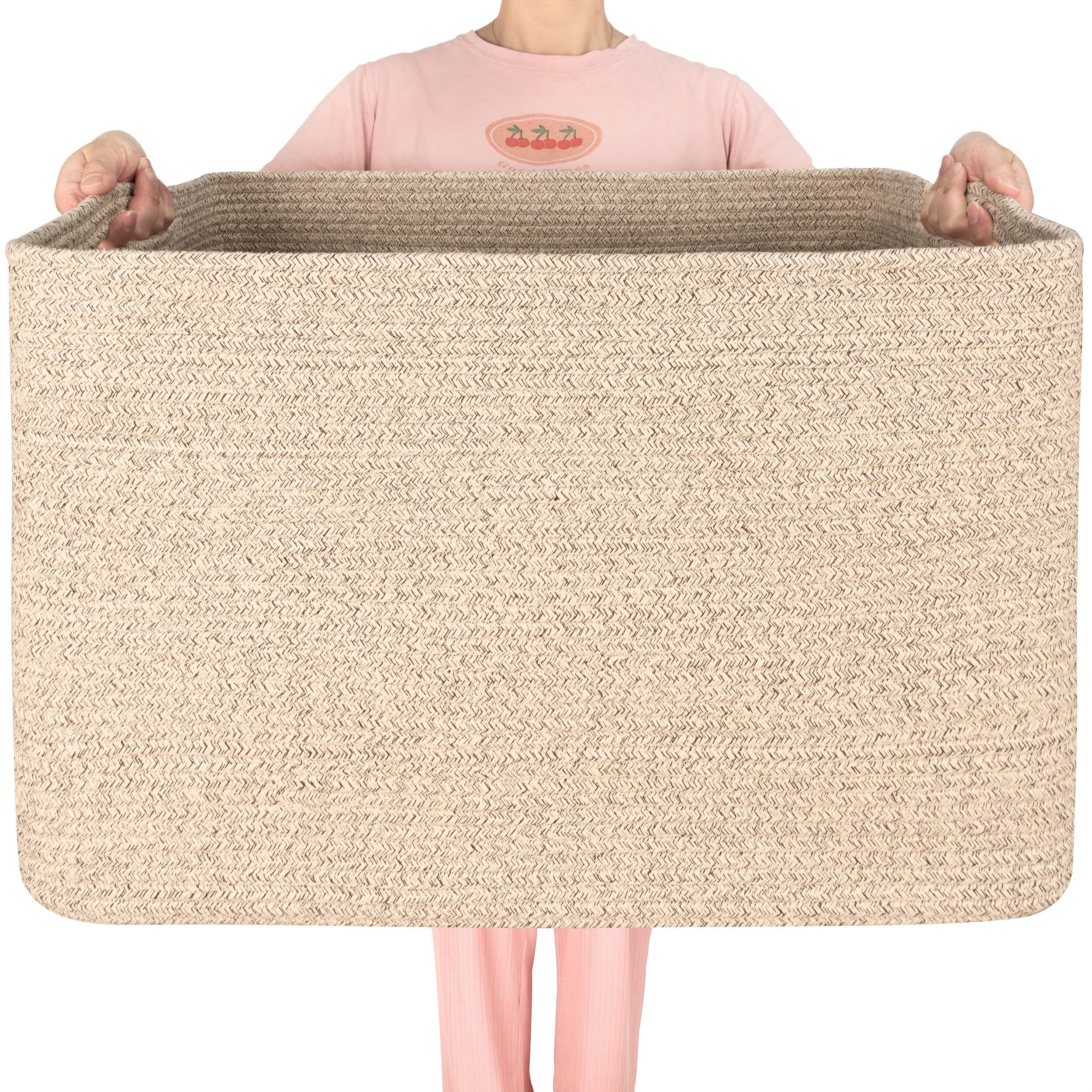 Photo 1 of MINTWOOD Design 112L Extra Large Blanket Basket Holder Living Room, 25"x17"x16" Rectangle Rope Woven Storage Basket with Handles for Laundry, Towels, Shoes, Dog Toy Organizer Bin Box, Oatmeal Brown