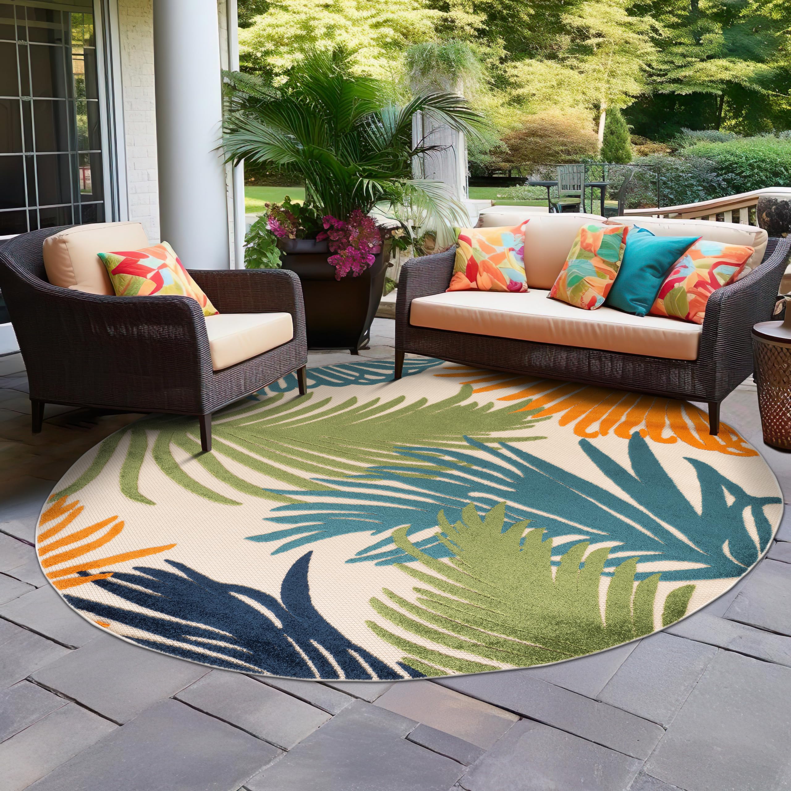 Rugshop Lucca Contemporary Floral Indoor/Outdoor Round Rug 8' Multi Image Rugshop Lucca Contemporary Floral Indoor/Outdoor Round Rug 8' Multi Image
