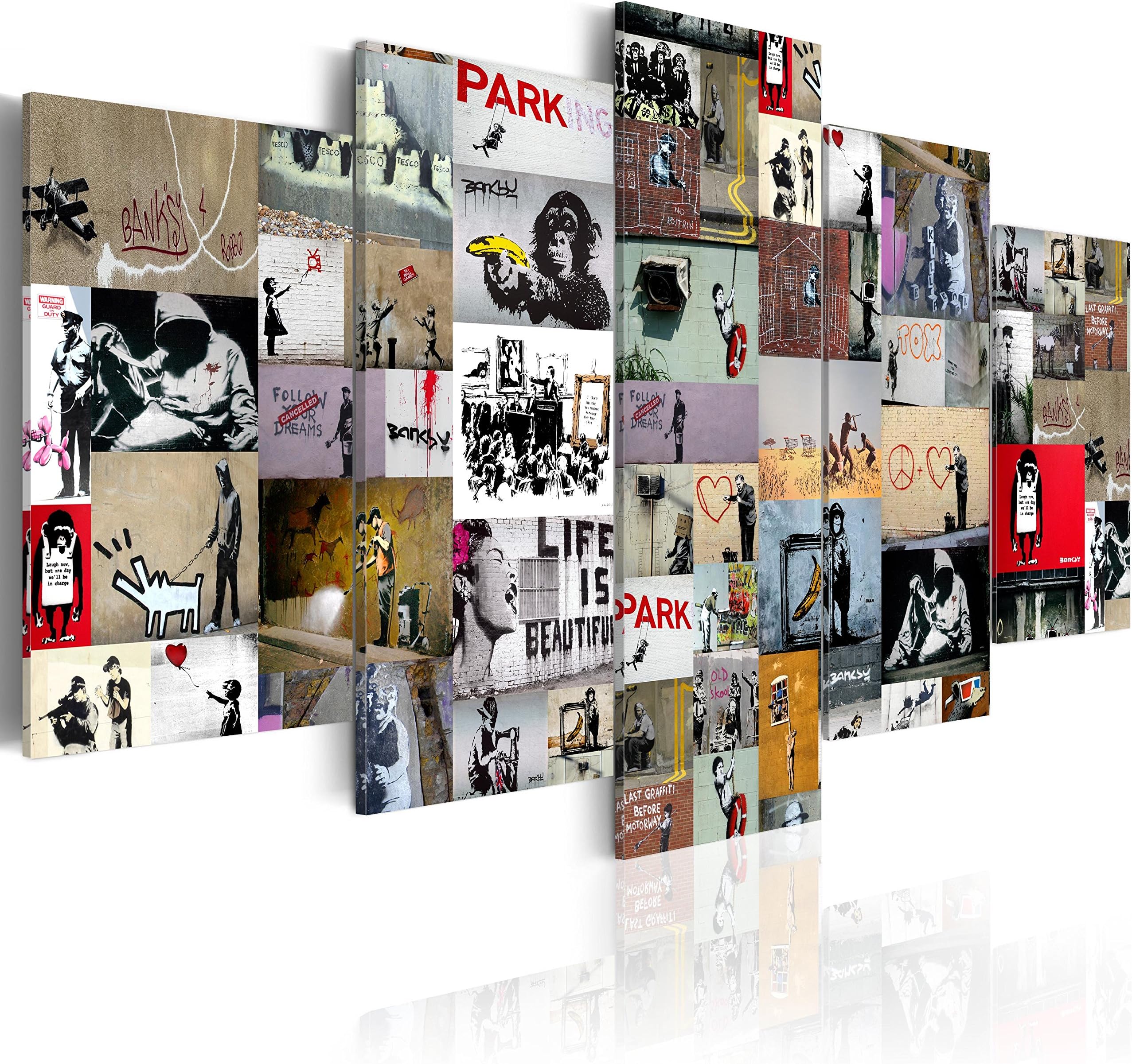 artgeistCanvas Wall Art Print Banksy 40x20 in - 5pcs Home Decor Framed Stretched Picture Photo Painting Artwork Image Collage Street Art i-C-0092-b-n
