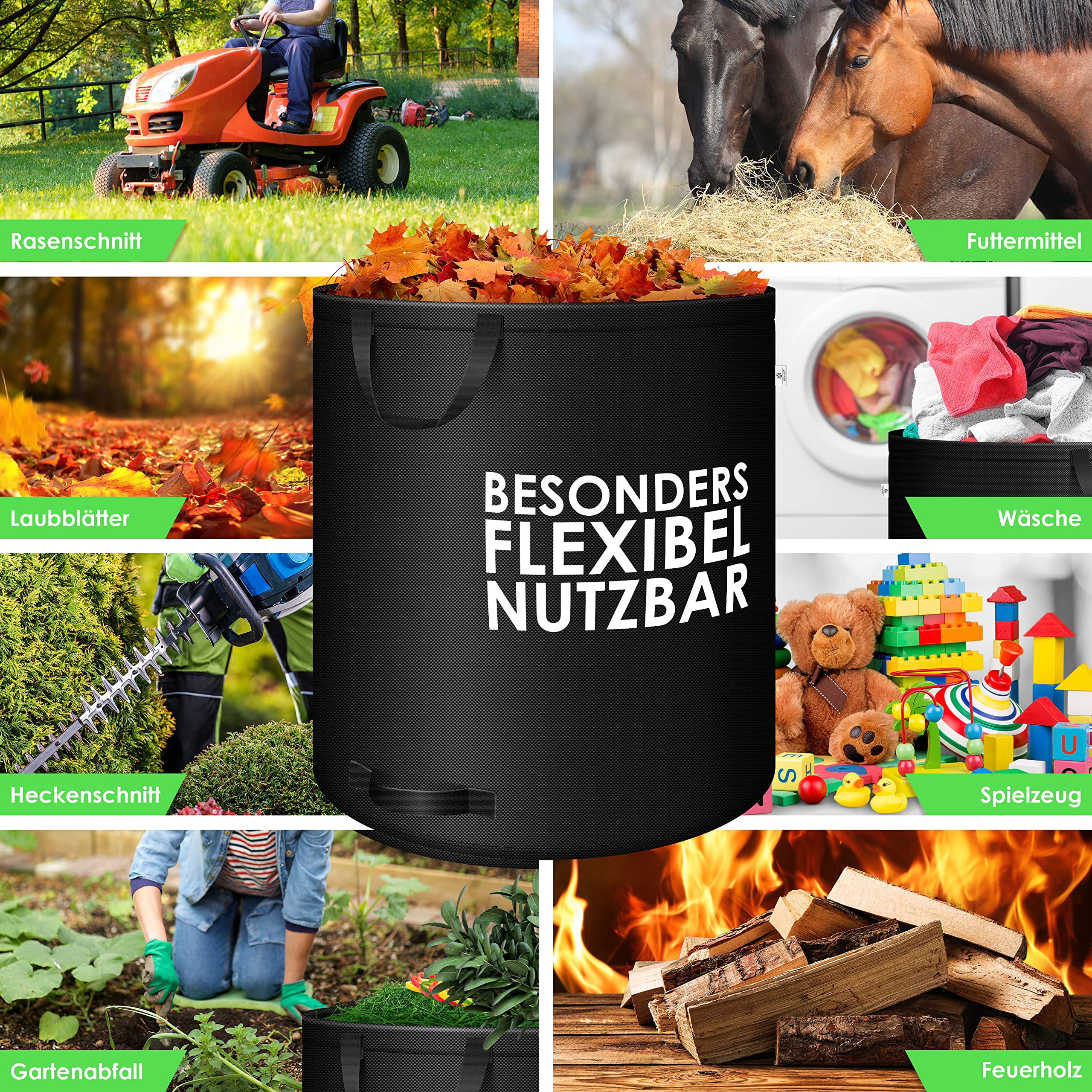 KESSER® Gartensack 3x 272L Set Laubsack Gartenabfallsack inkl. Handschuhe - Selbststehend 4 Griffe Stabil Robust & Faltbar - Laubsäcke Rasenschnitt für Gartenabfälle Grünschnitt Schwarz 8