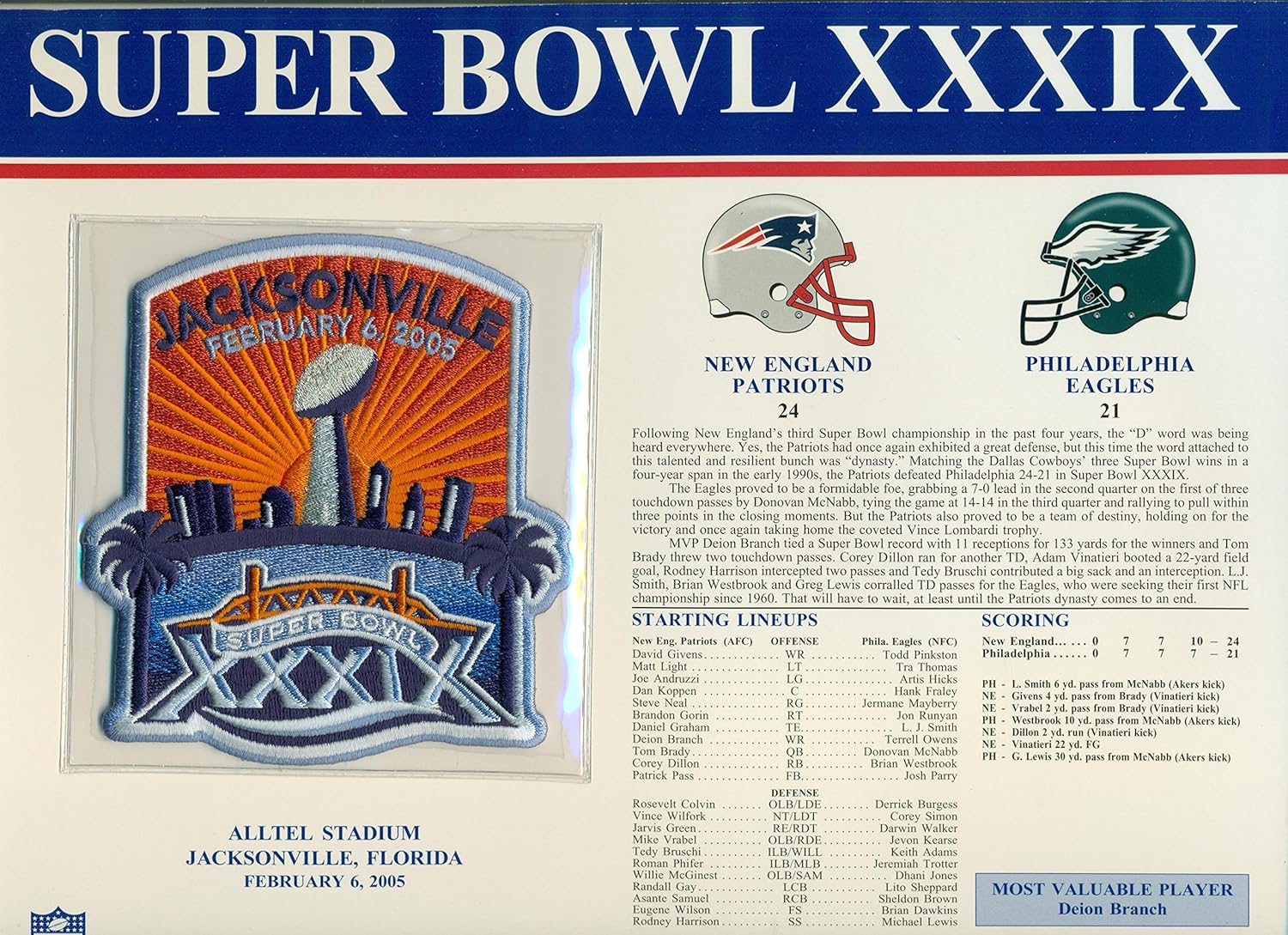 Super Bowl Xxxix 39 Official Patch New England Patriots Vs Philadelphia Eagles At Alltel Stadium At Amazon S Sports Collectibles Store