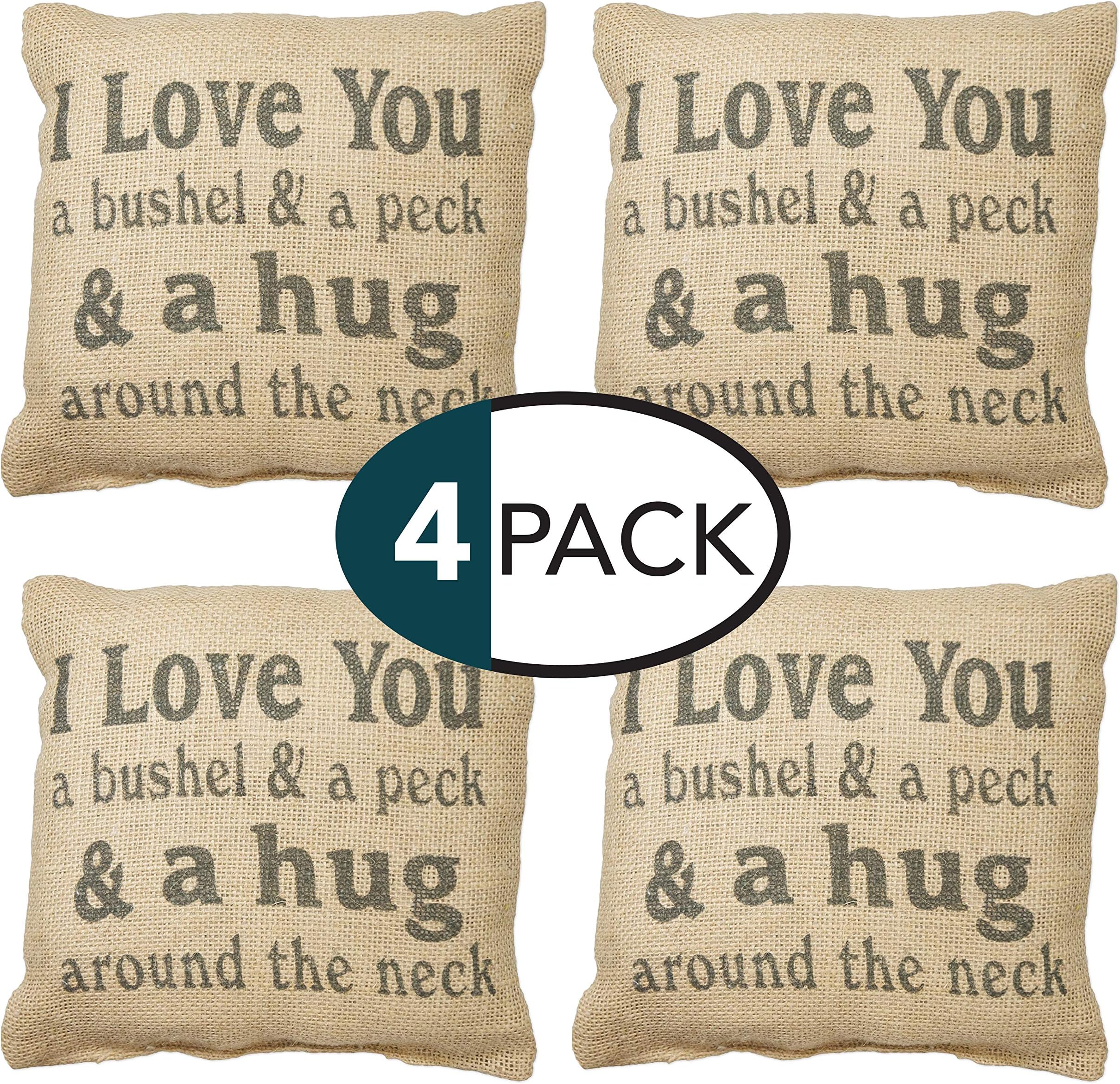 The Country House Collection Burlap I Love You a Bushel and Peck 8 x 8 inch Square Decorative Throw Pillow Pack of 4
