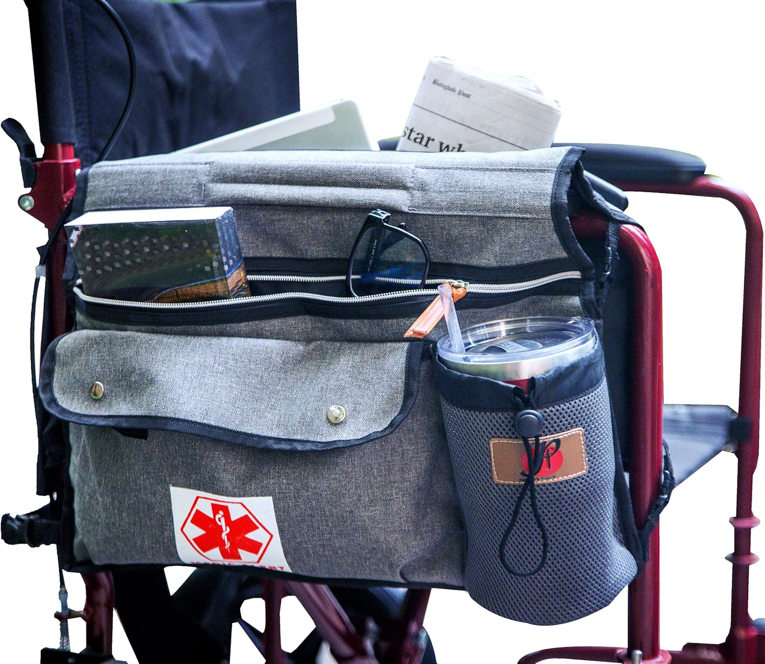 Wheelchair Side Pouch Bag(Double-Side) with Cup and Phone Holder for Manual, Electric or Power Mobility Scooter Full ARMREST by P&F for Lightweight Transport - Deluxe Wheelchair Accessories (Gray): Health & Personal Care