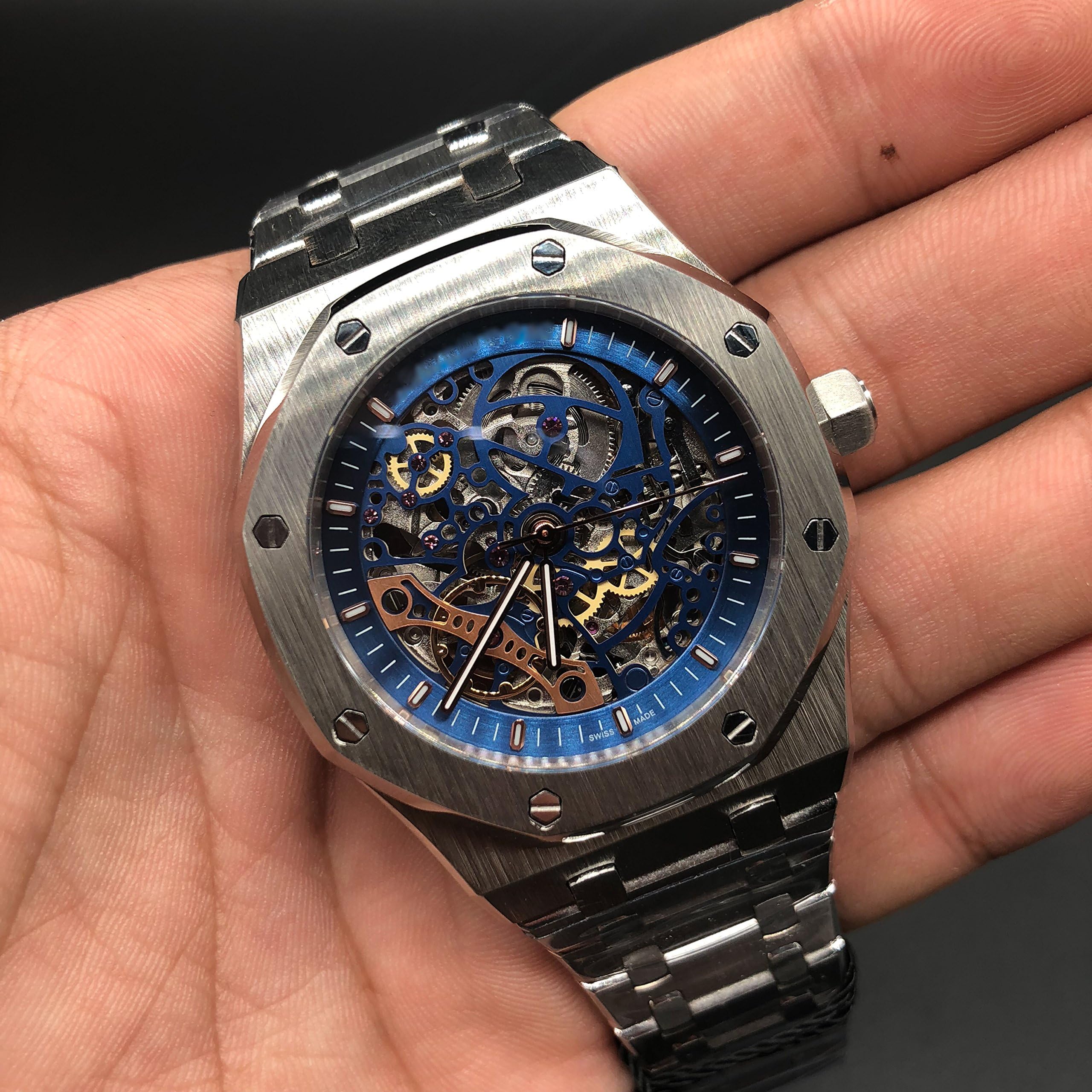 Luxury Brand Stainless Steel Silver Color Blue dial Automatic Movement Skeleton Oak Watch Watches
