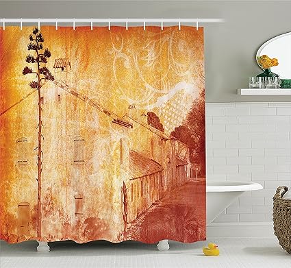 Ambesonne Burnt Orange Decor Shower Curtain Set Retro Illustration Of A Street Of Old French Houses Mediterranean Environment Print Bathroom